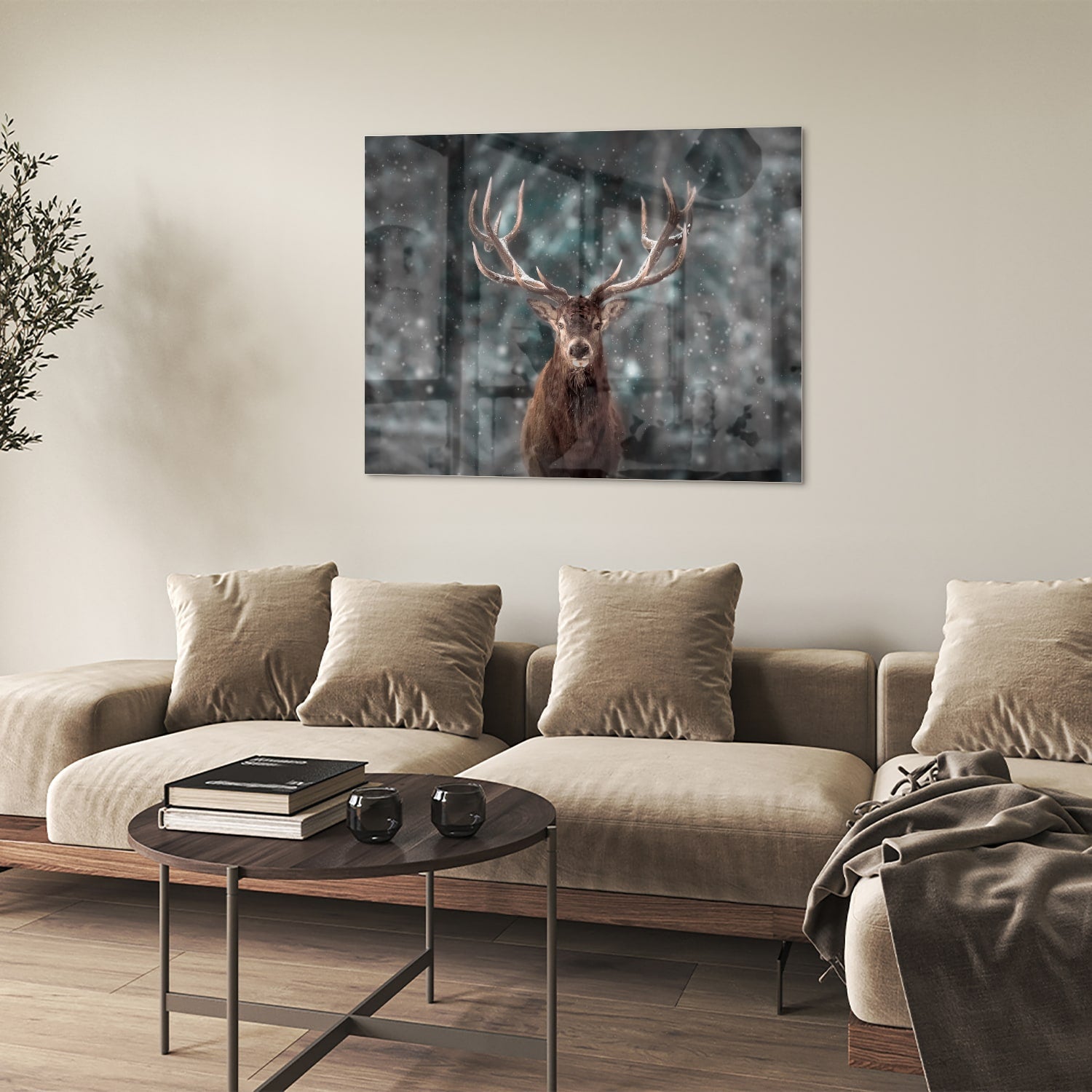 Glasbild mit majestätischem Hirsch in winterlicher Umgebung
