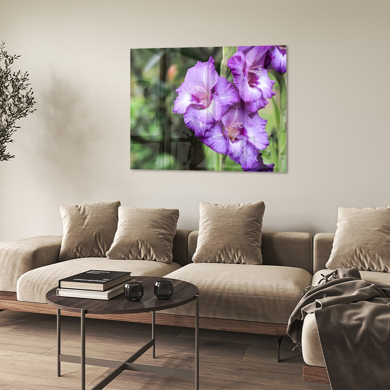 Violette Gladiolen: elegantes Glasbild für Zuhause