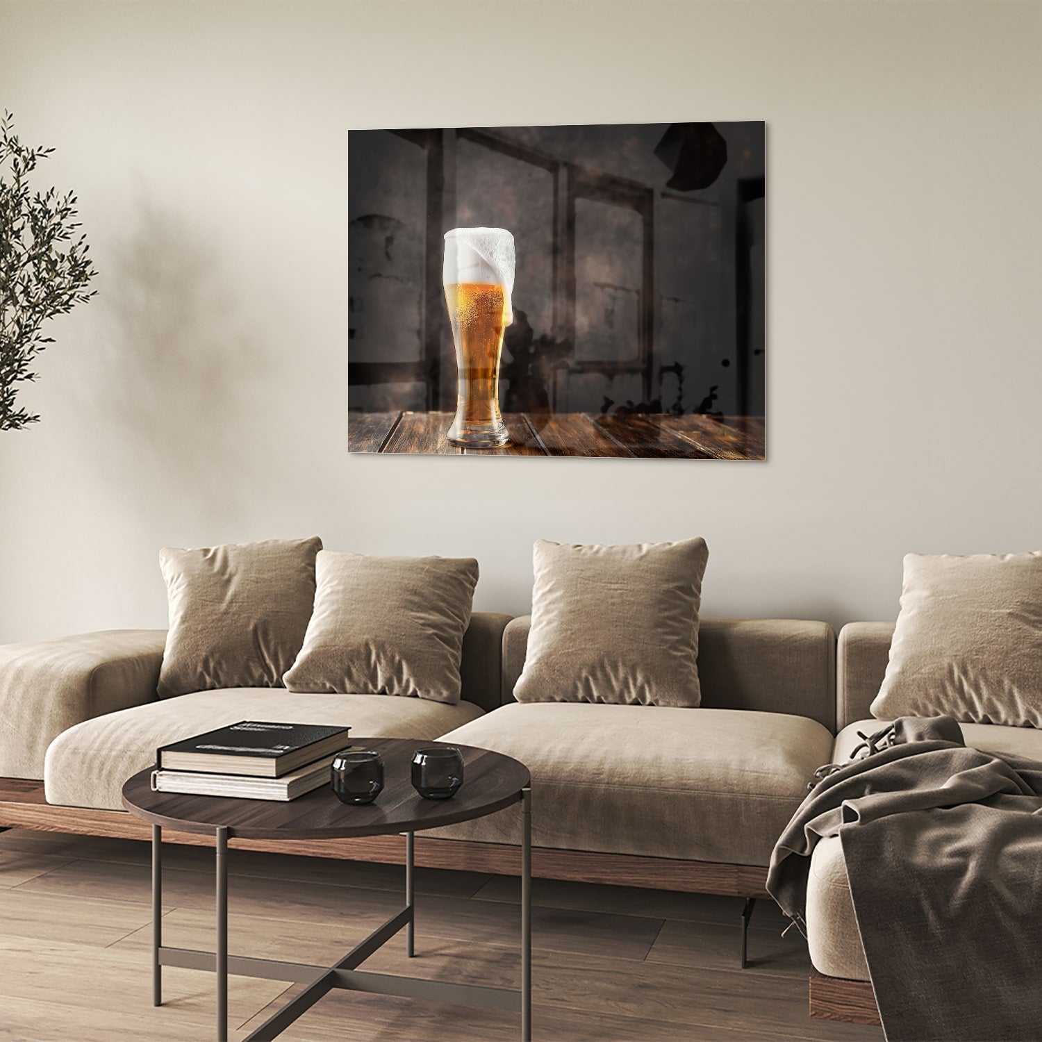 Stilvolles Glasbild mit einem Bier