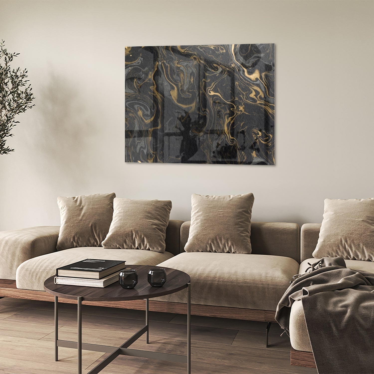 Elegantes schwarz-goldenes Glasbild für Ihr Wohnzimmer