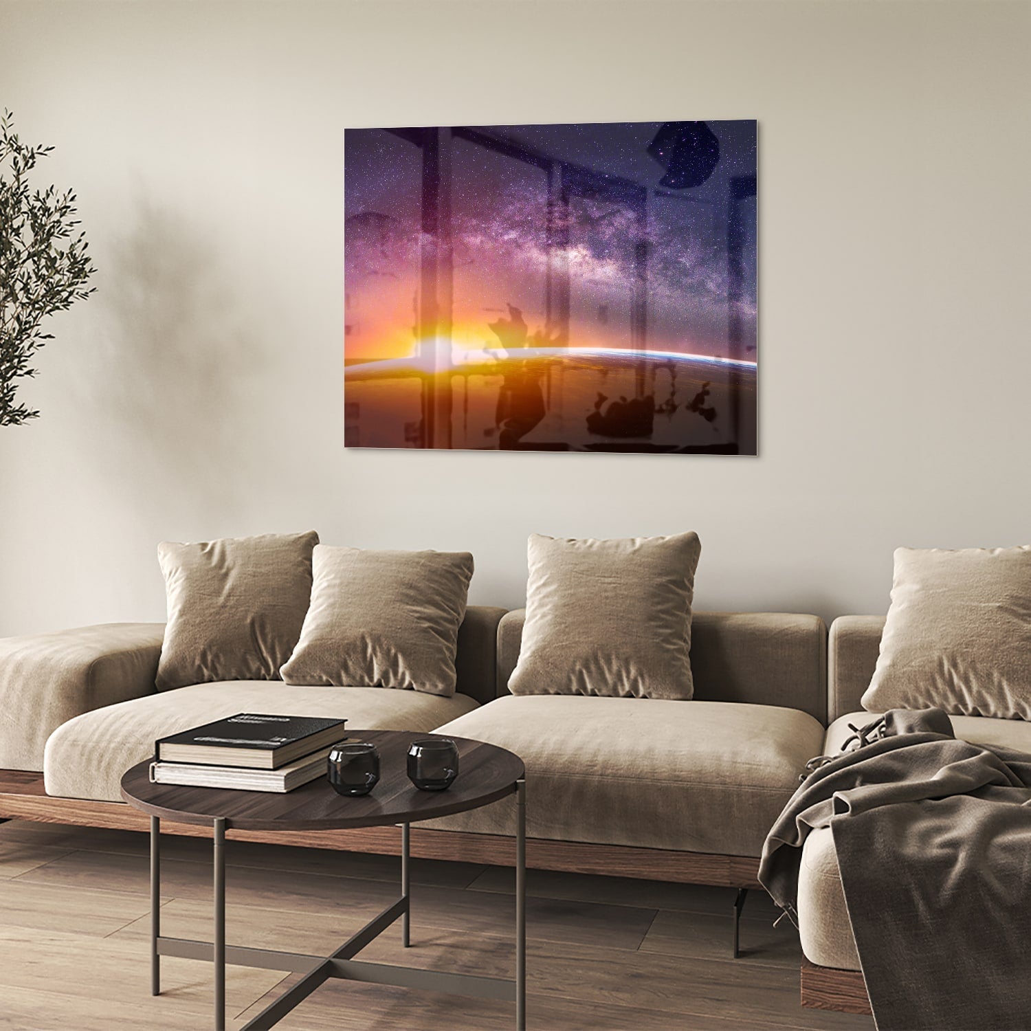 Glasbild mit einem Sternenhimmel bei Sonnenuntergang