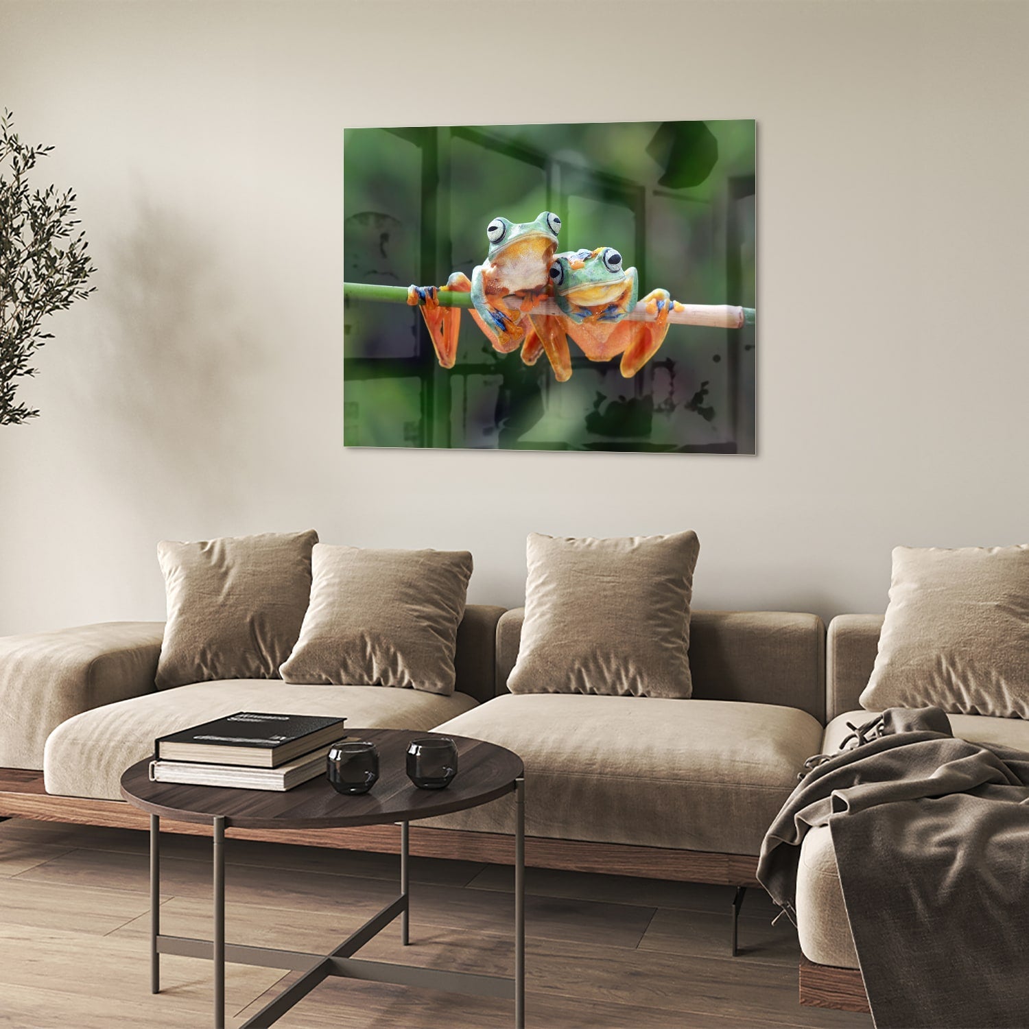 Fröhliches Glasbild mit Frosch auf einem Ast