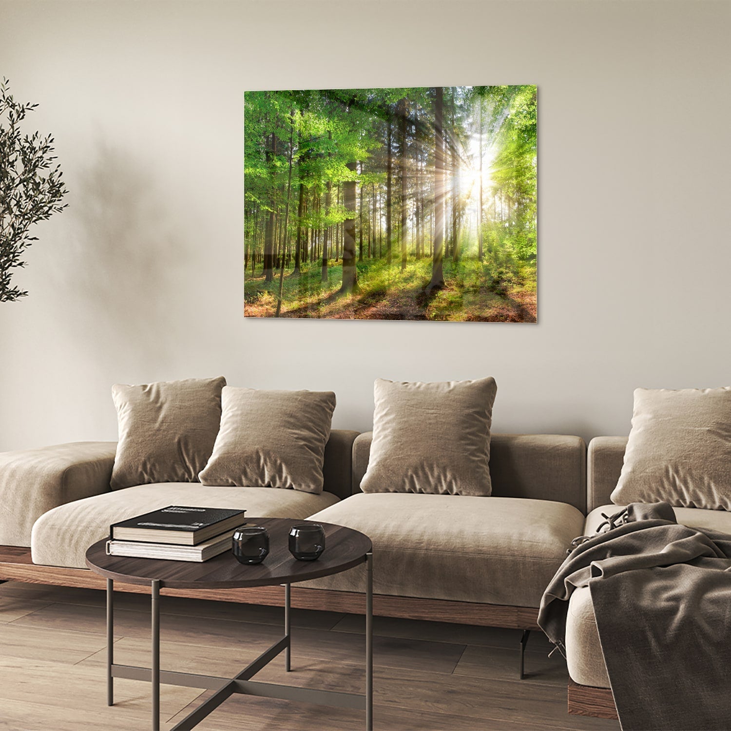 Glasbild mit sonnigem Wald für die Wohndekoration