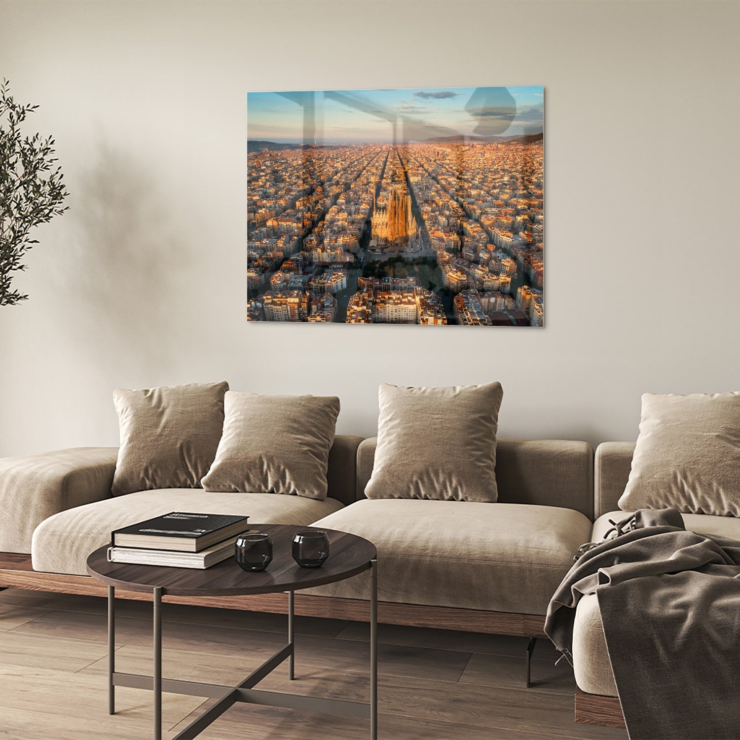 Glasbild mit atemberaubendem Stadtblick bei Sonnenuntergang