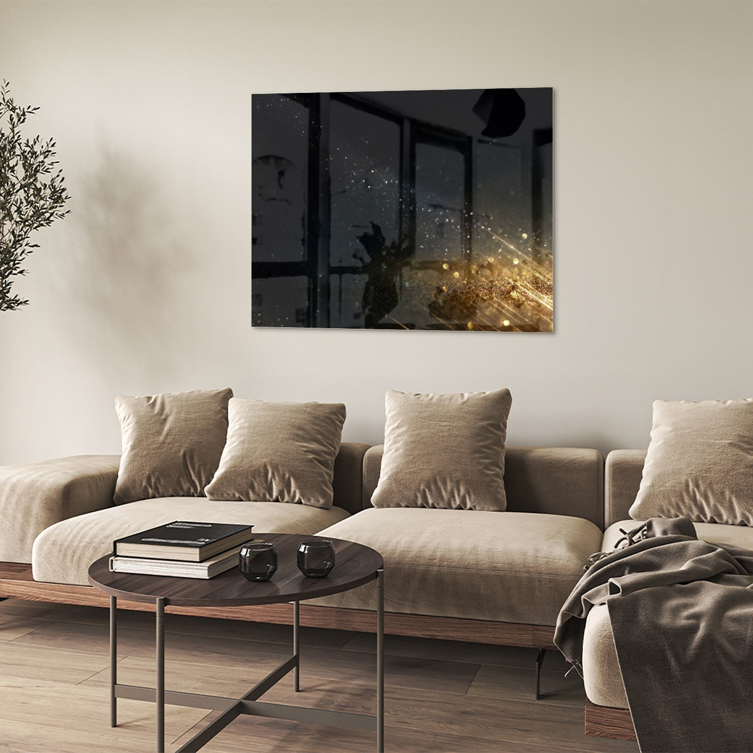 Schwarzes Glasbild mit Sternen und Lichtreflexionen