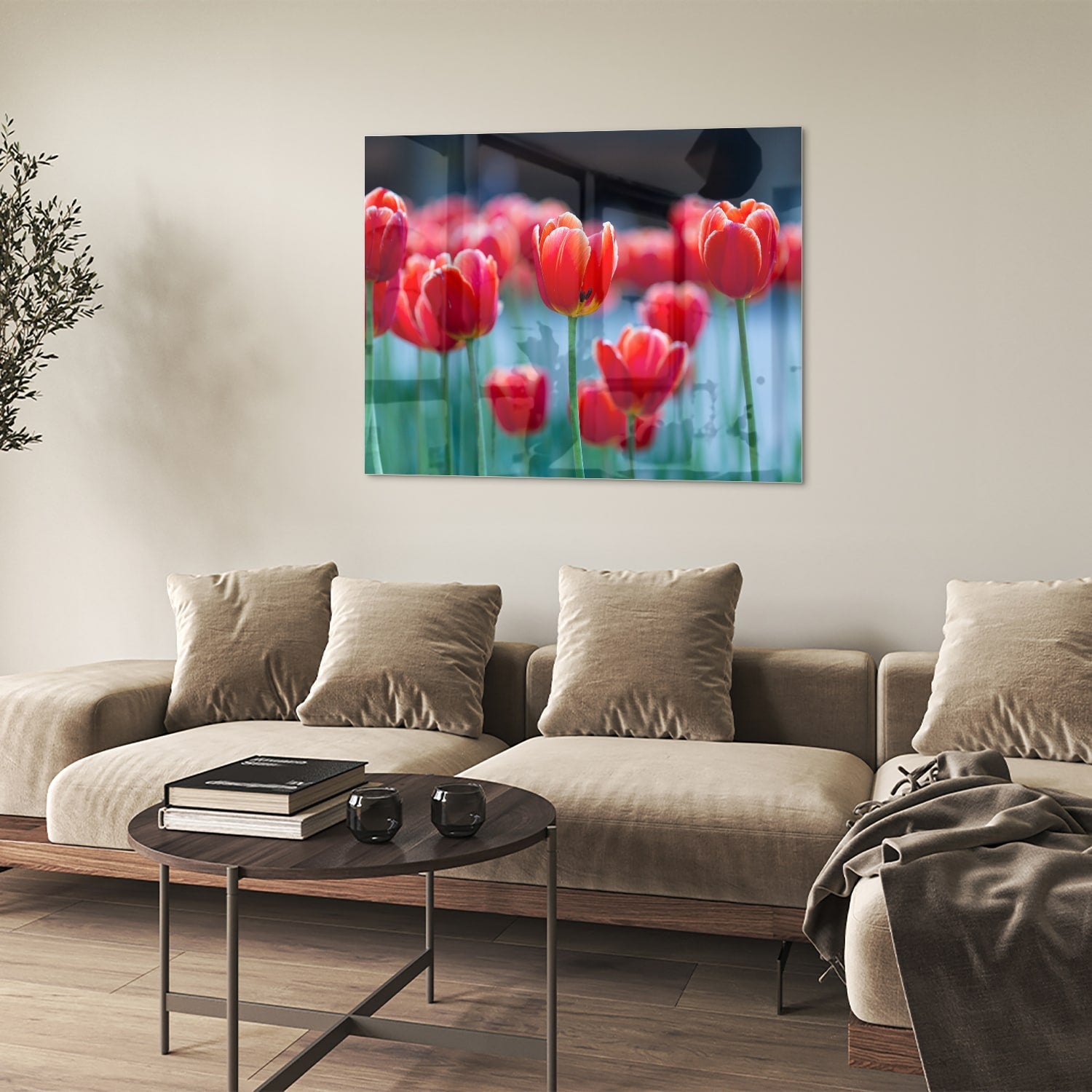 Glasbild – Lebendige rote Tulpen