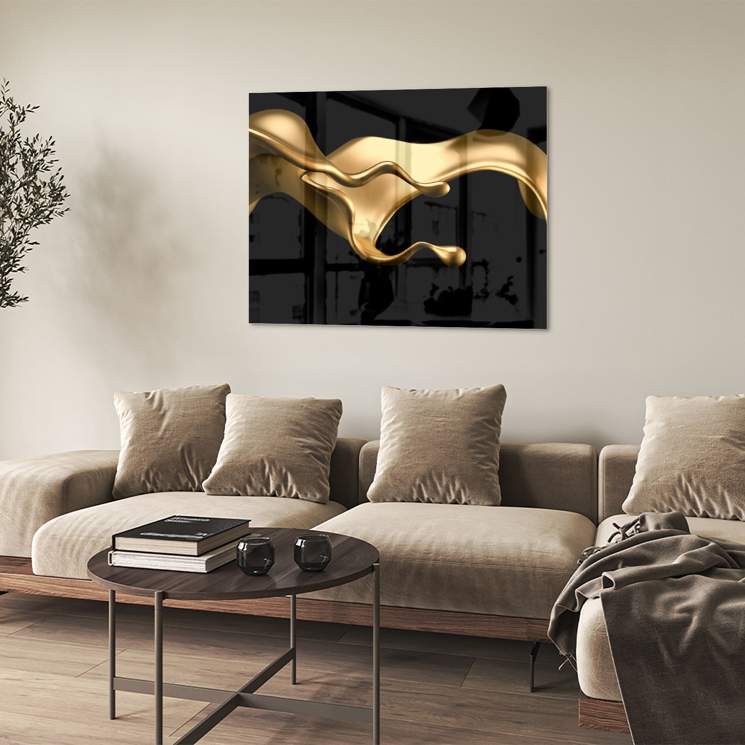 Abstraktes Glasbild mit goldener Welle für elegante Innenräume