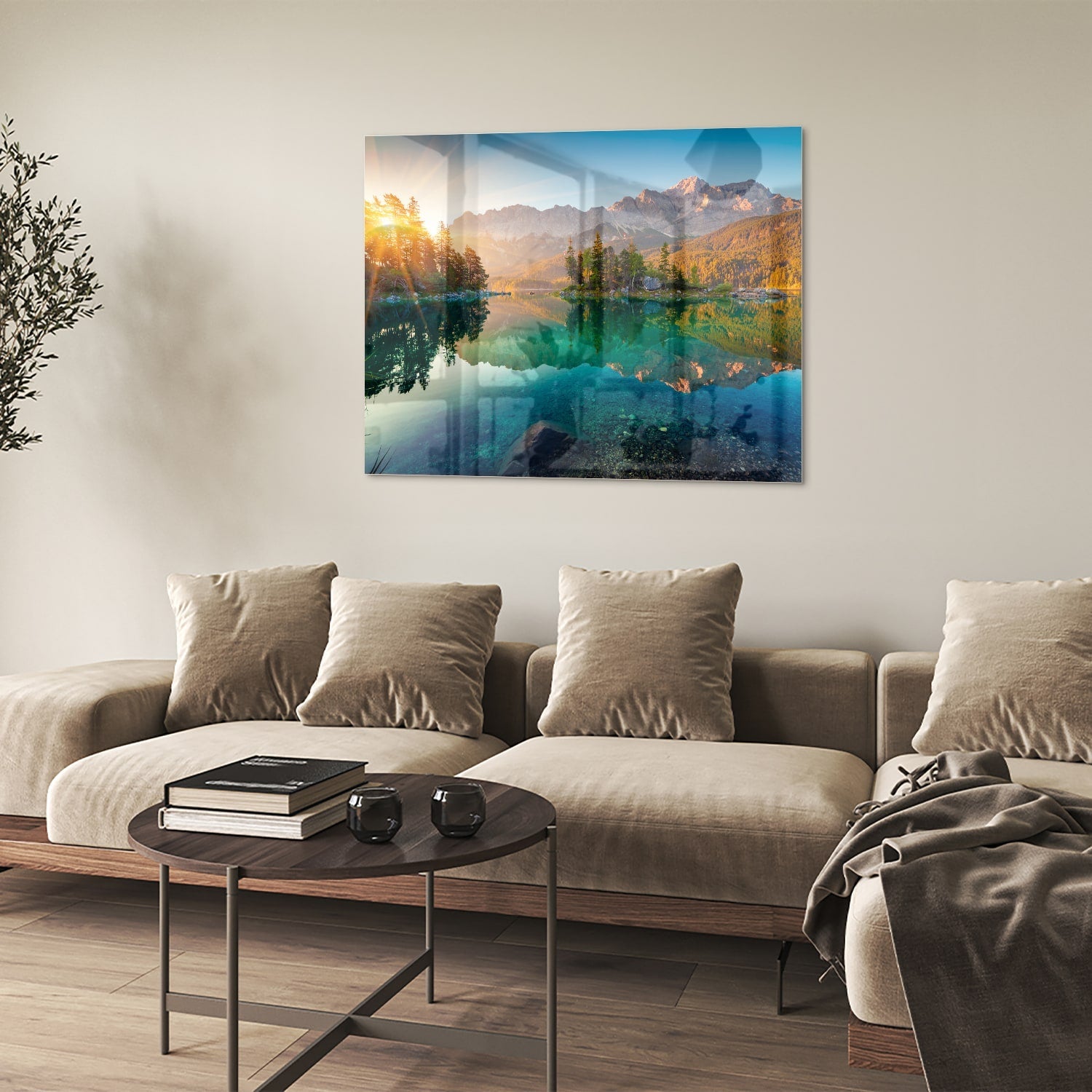 Wunderschönes Glasbild mit Berglandschaft und See