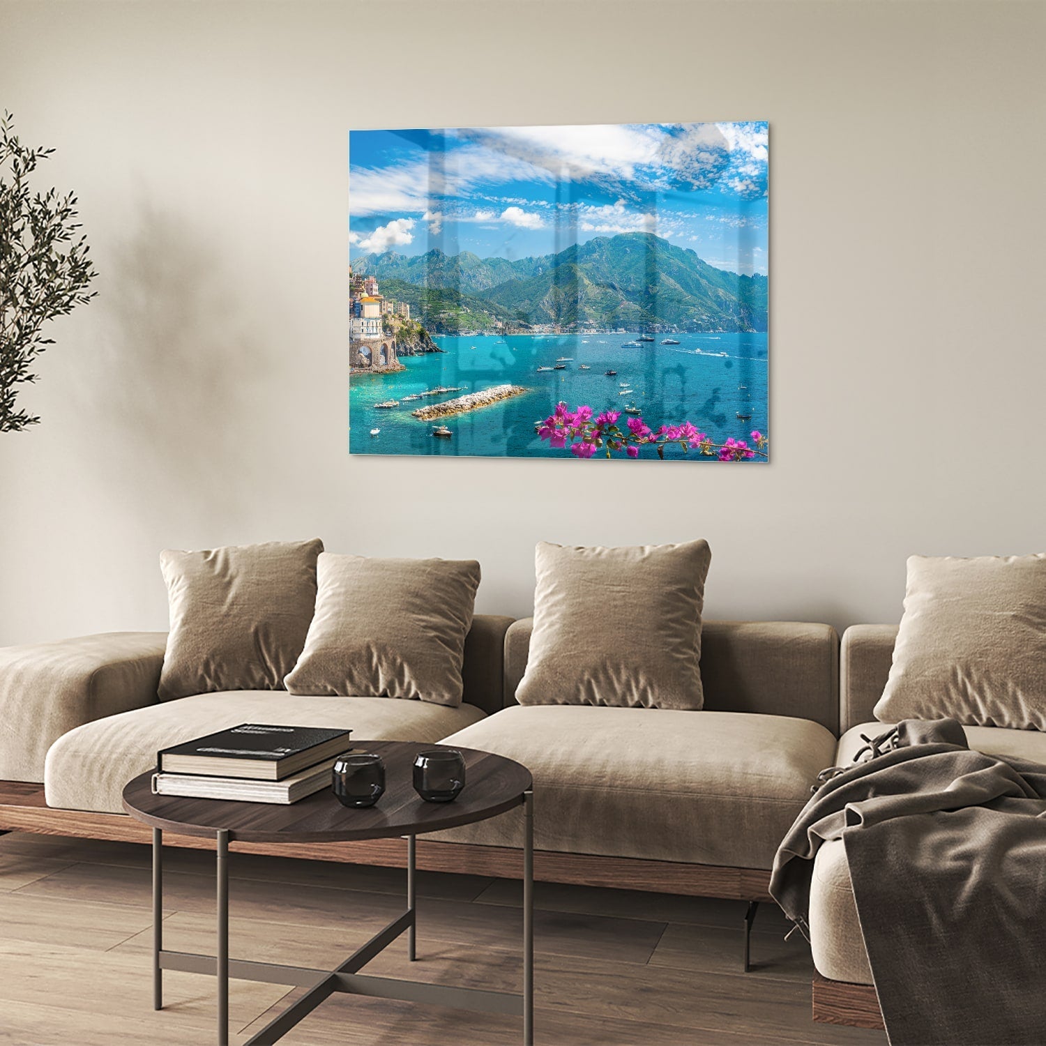 Glasbild mit blauem See und Bergen