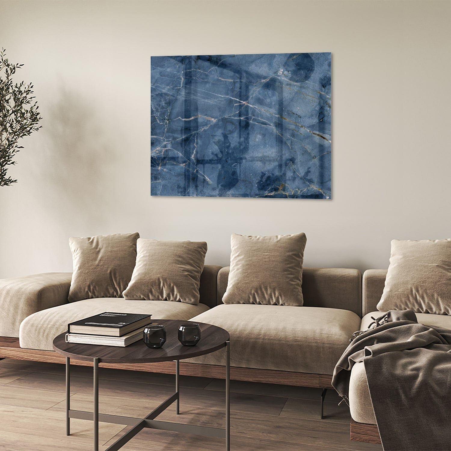 Blaues Glasbild mit Marmoroptik