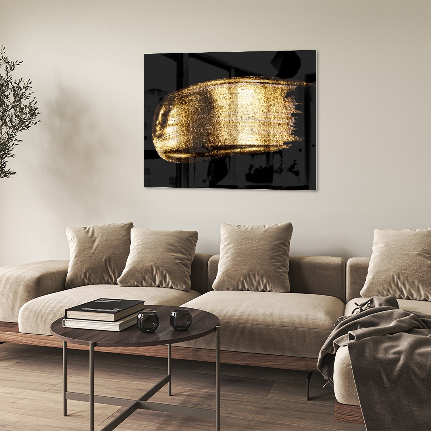 Goldenes abstraktes Glasbild auf schwarzem Hintergrund