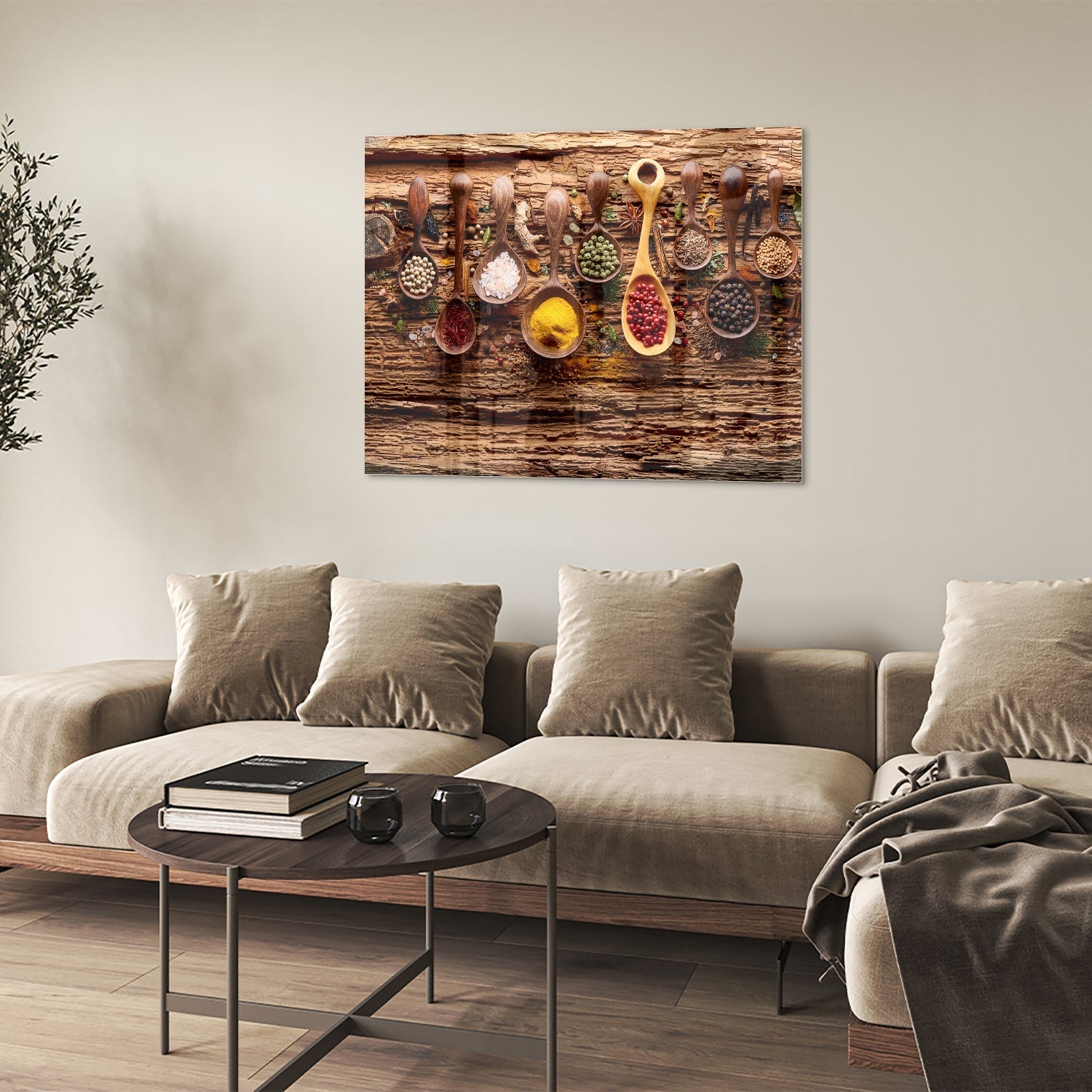Buntes Glasbild mit Gewürzen und Löffelmotiven