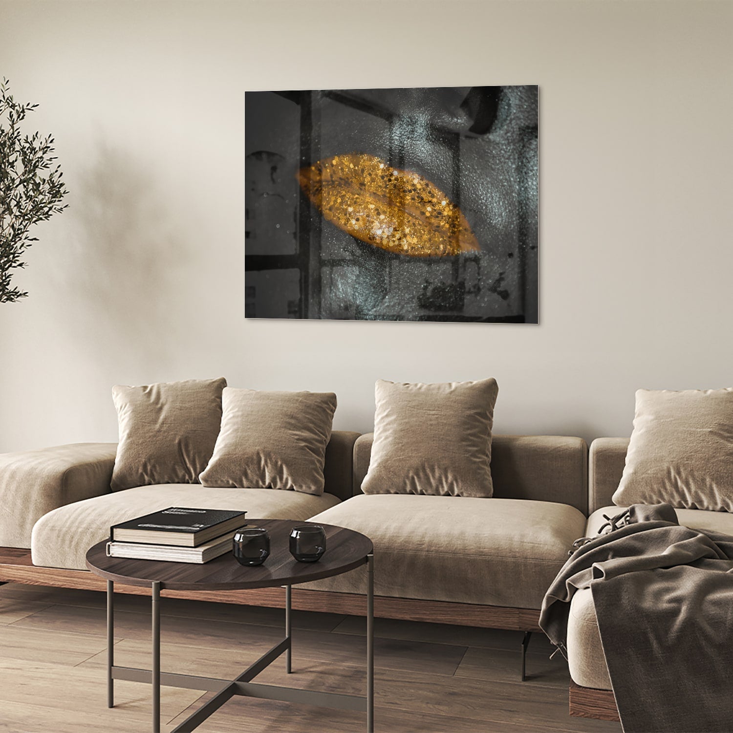 Glasbild mit goldenem Blatt für Ihr Interieur