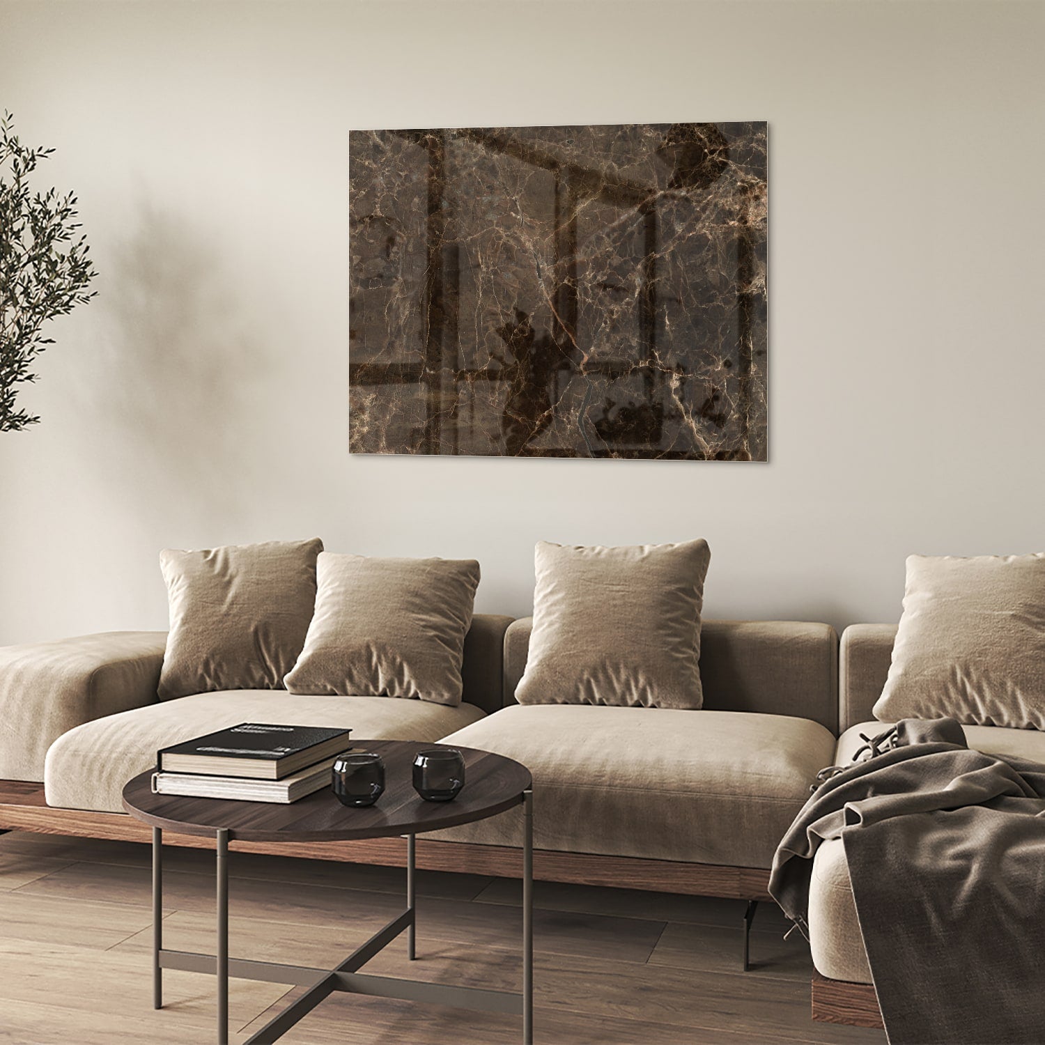 Glasbild mit Marmormotiv in braun
