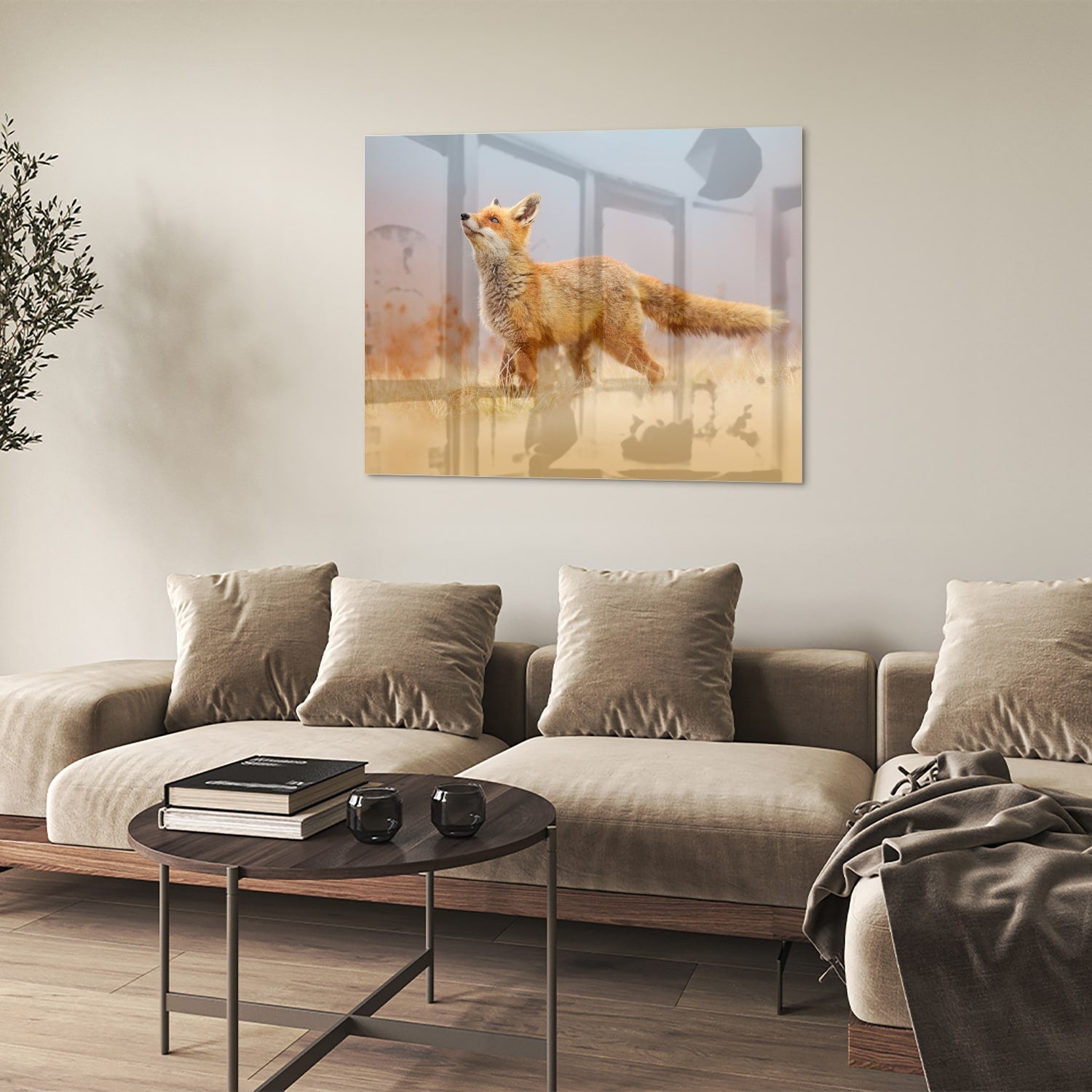 Stilvolles Glasbild mit einem Fuchs in der Natur