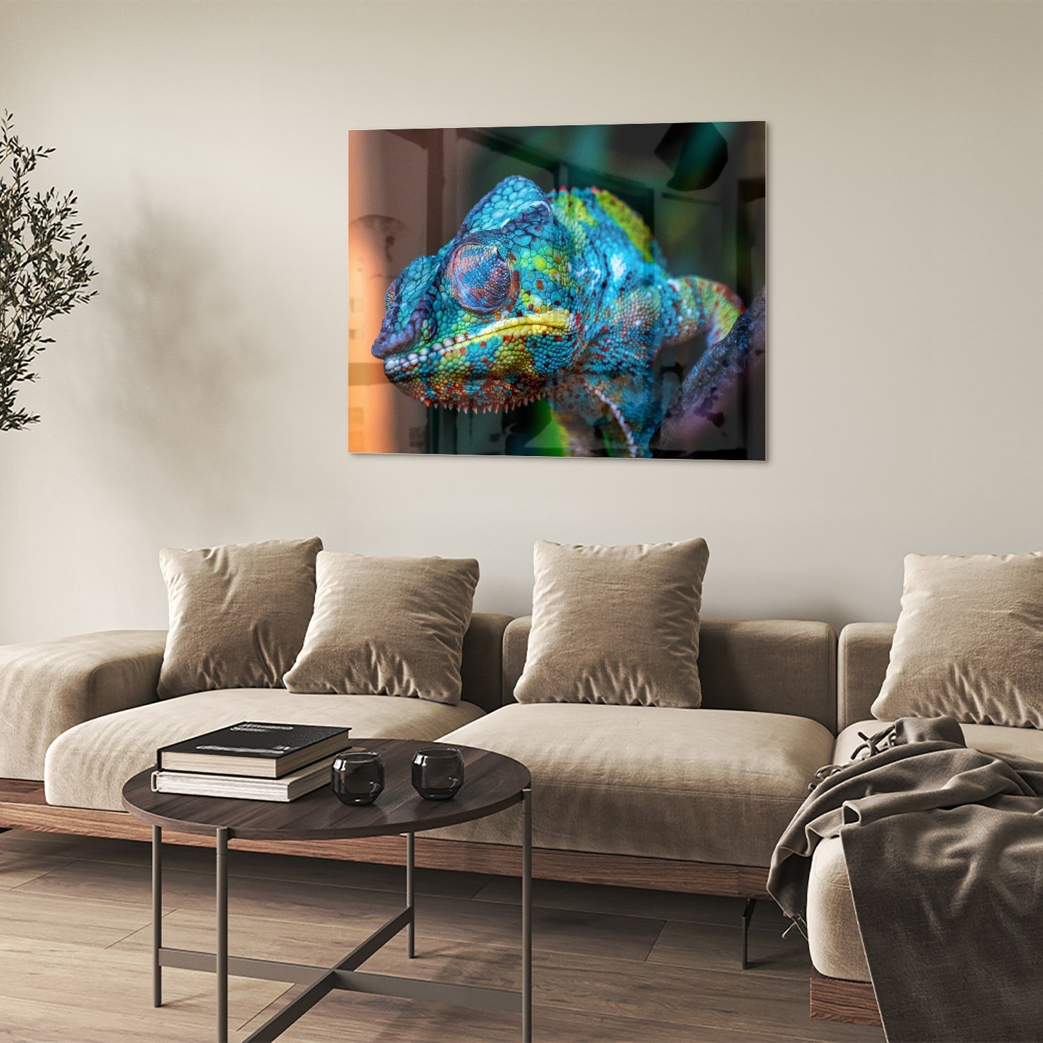 Farbenfrohes Chamäleon-Glasbild für Ihr Interieur