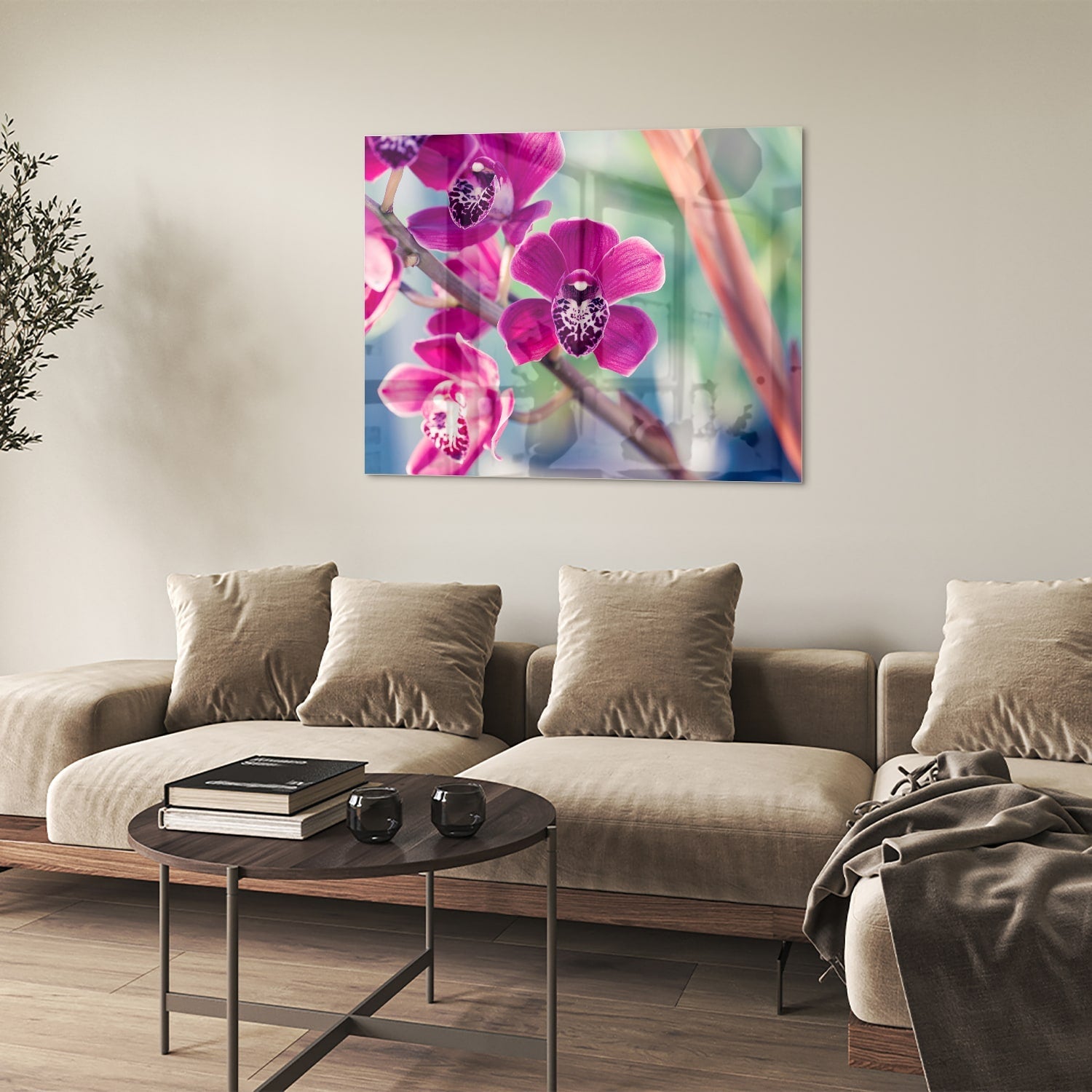 Wunderschönes Glasbild mit violetten Orchideen