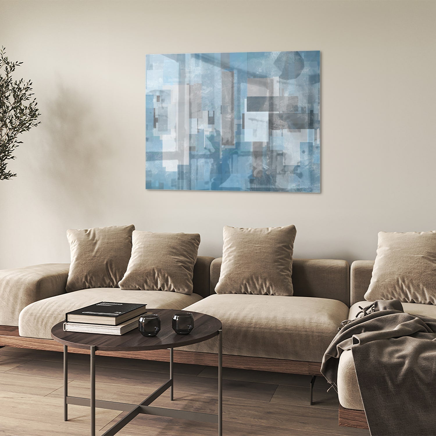 Abstraktes Glasbild in Blau und Grau