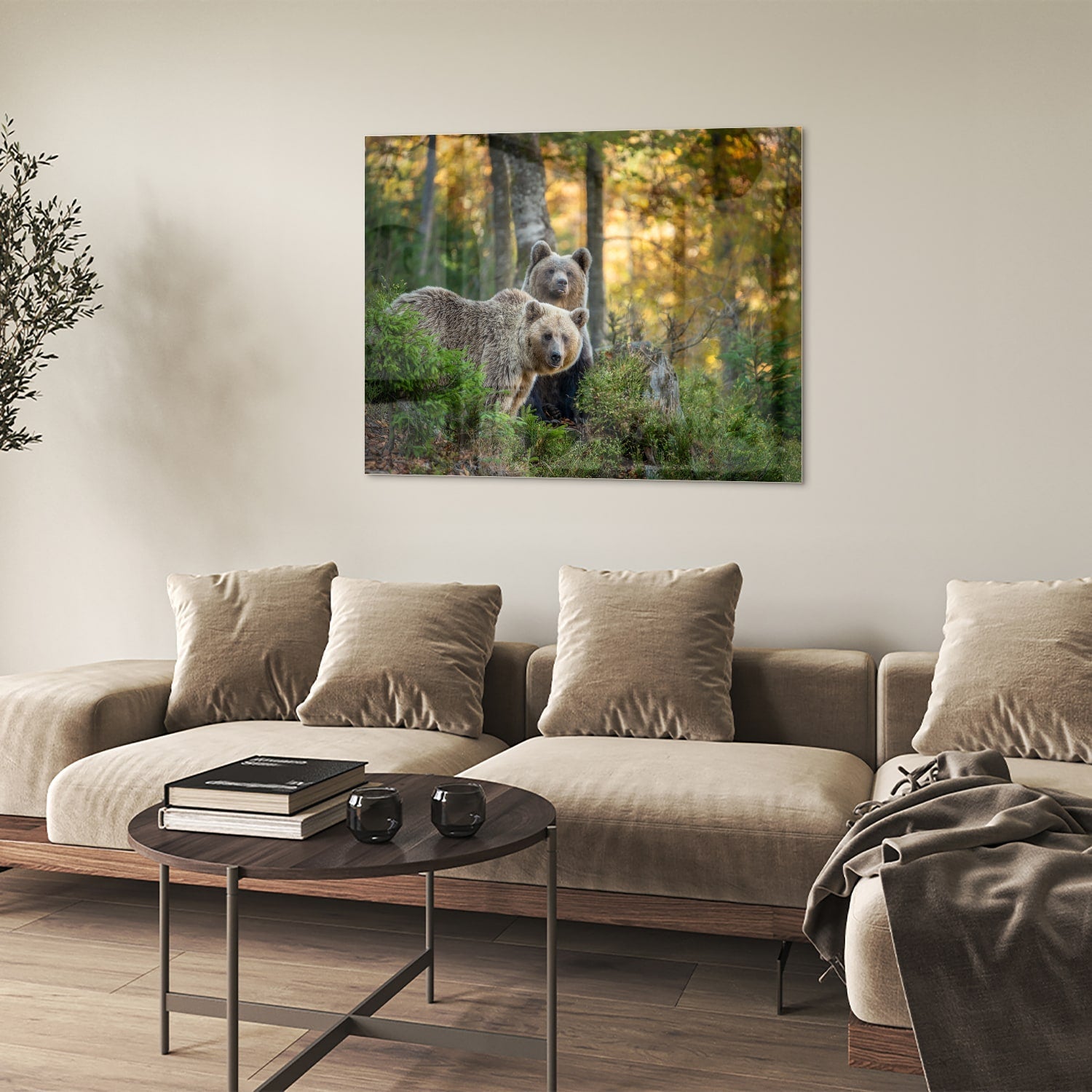 Glasbild mit zwei niedlichen Bären im Wald