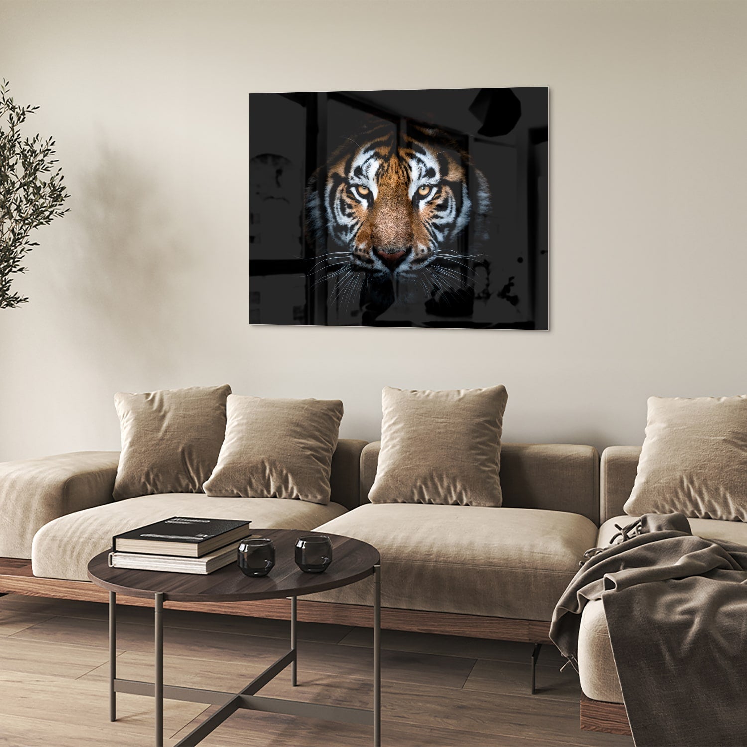 Beeindruckendes Glasbild mit einem Tigergesicht