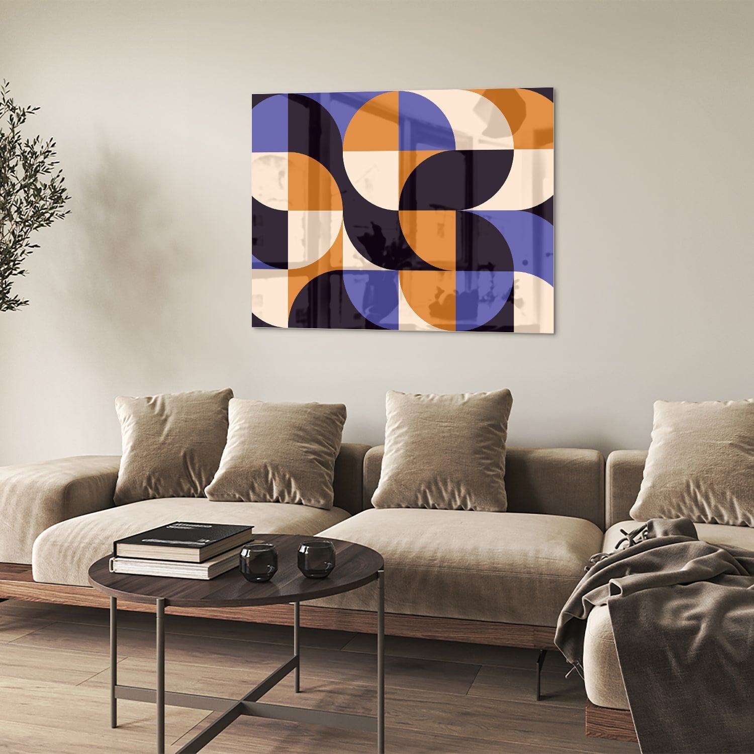 Abstraktes Glasbild in blauen und Orangetönen