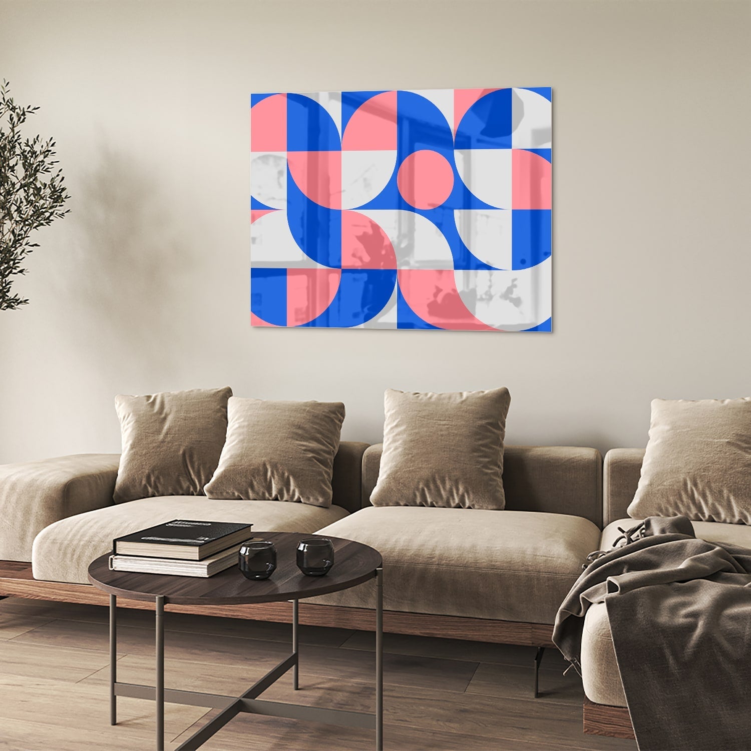 Abstraktes Glasbild mit blauen und rosa Farbtönen
