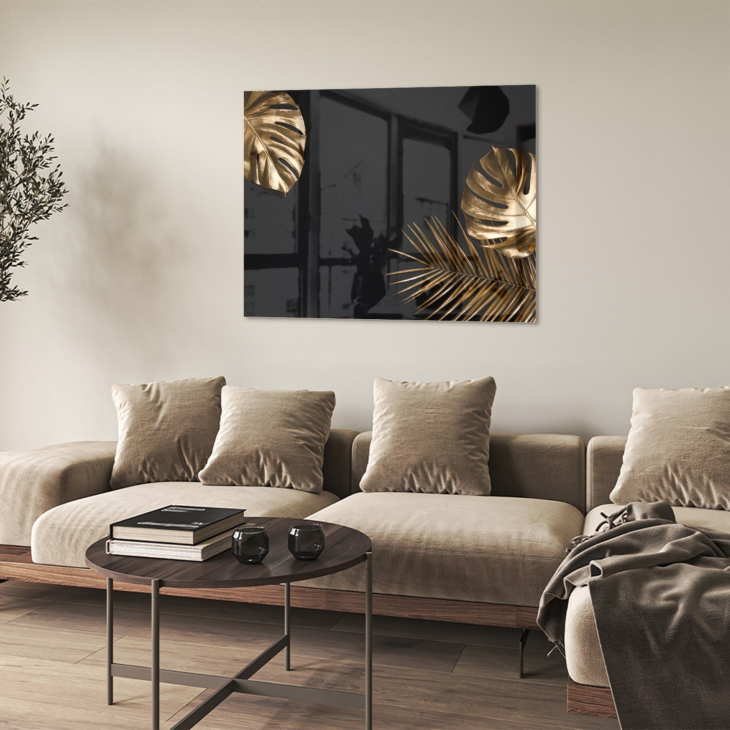 Glänzendes Glasbild mit goldenen Blättern