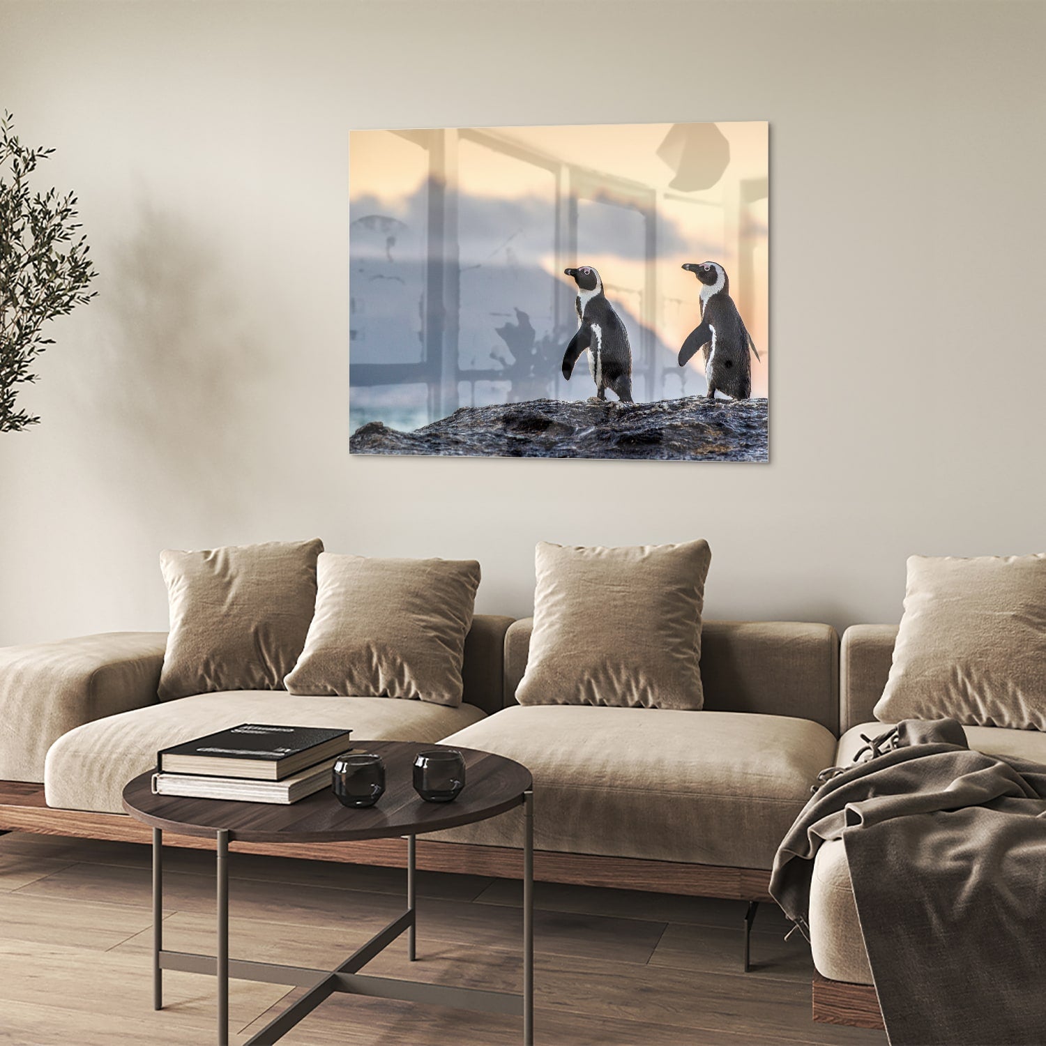 Glasbild mit Pinguinen bei Sonnenuntergang