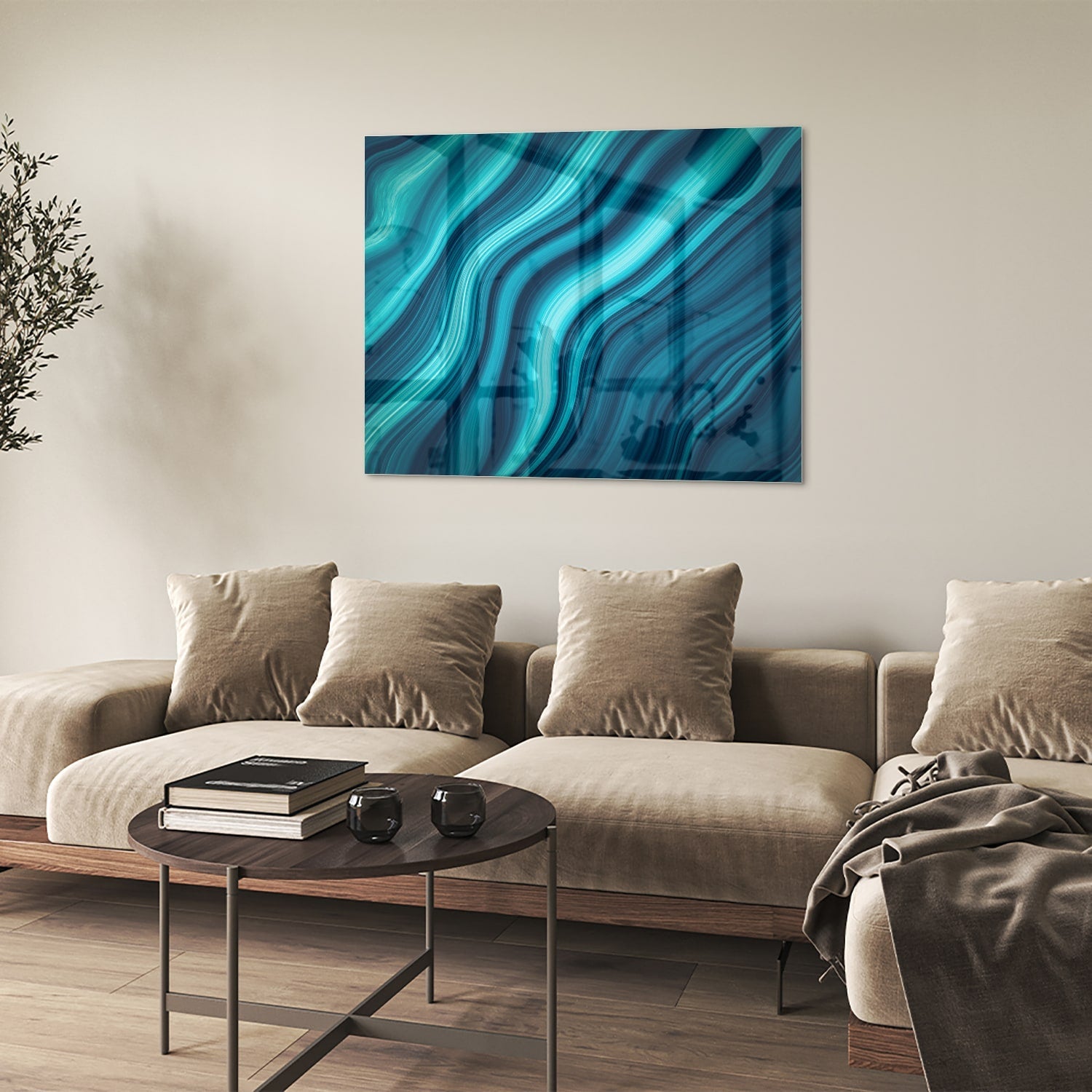 Stilvolles Glasbild mit blauen Wellen