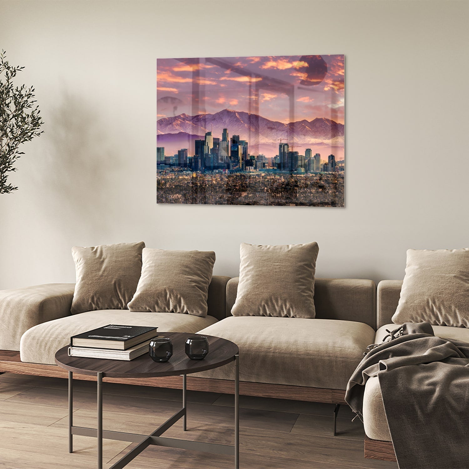 Glasbild Stadtpanorama bei Sonnenuntergang