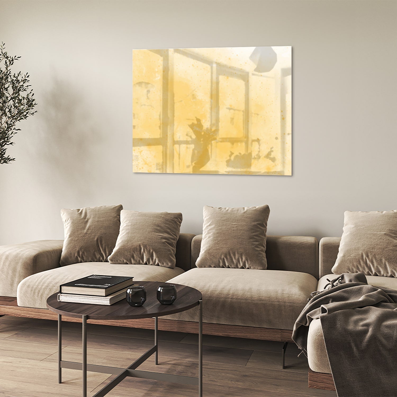 Goldenes abstraktes Glasbild für moderne Innenräume