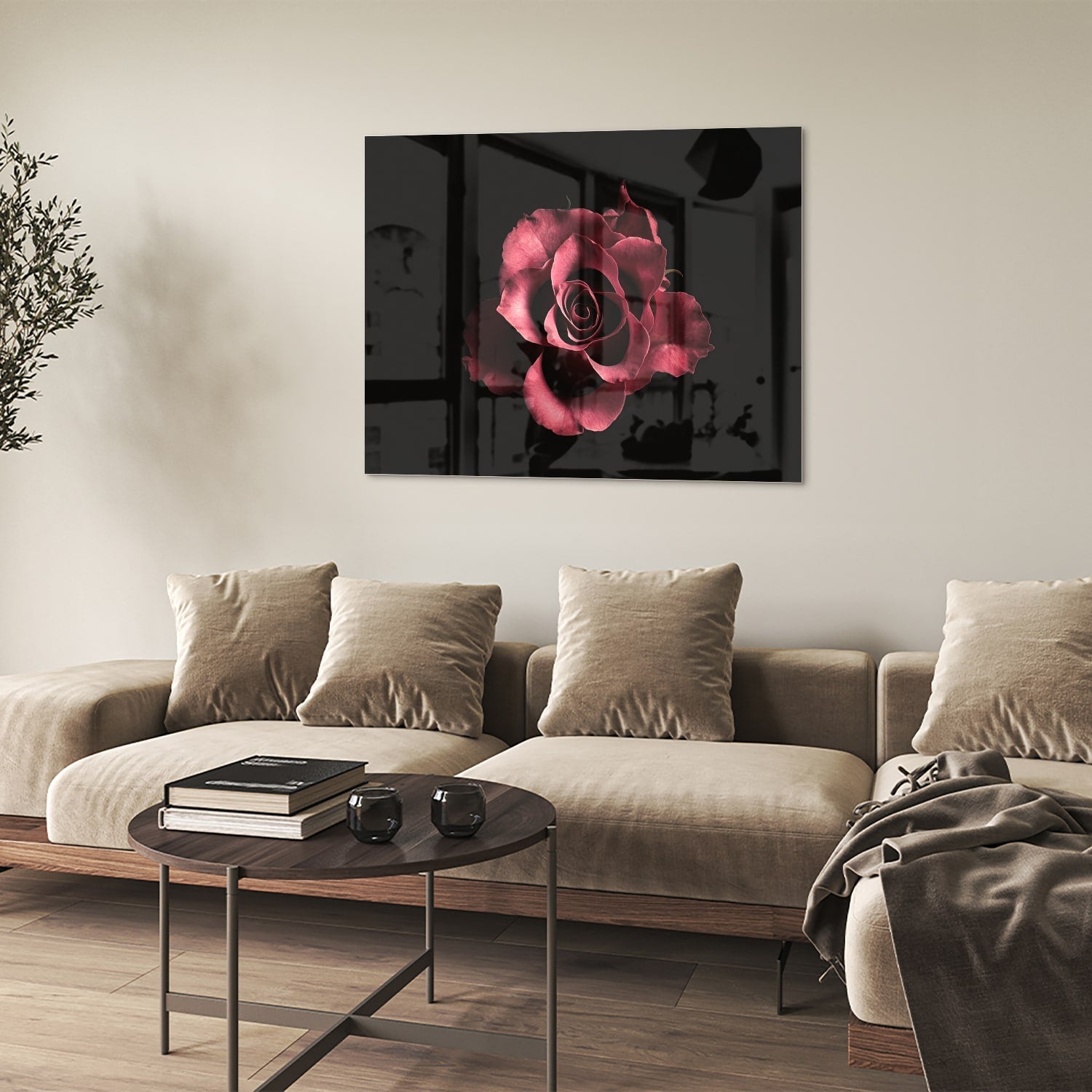 Elegantes Glasbild mit Rosen auf schwarzem Hintergrund