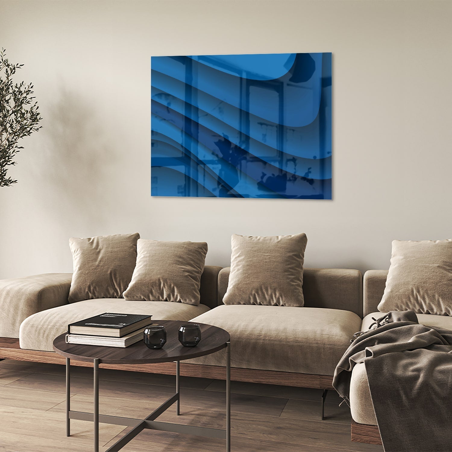 Modernes Glasbild in verschiedenen Blautönen