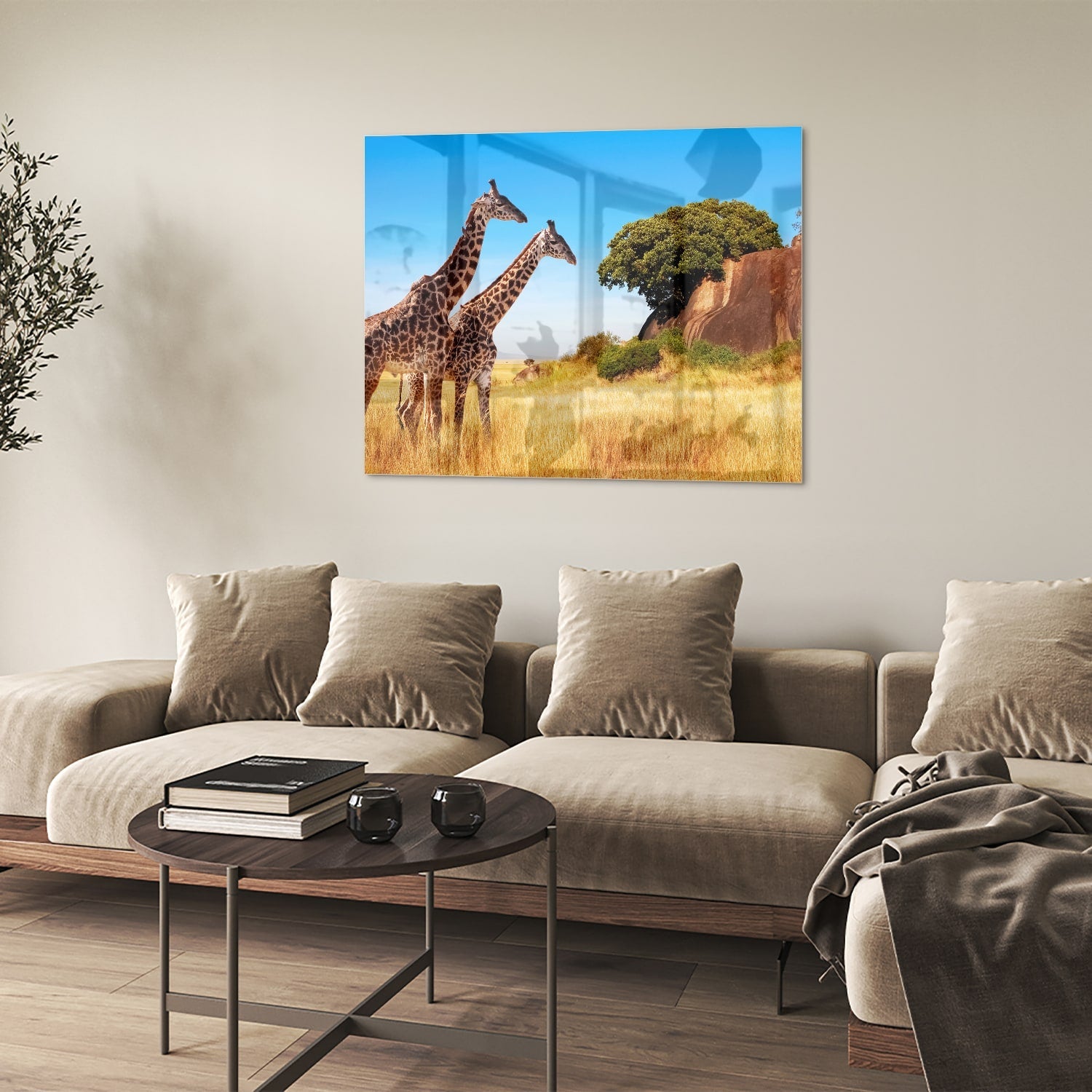 Glasbild mit zwei Giraffen in der afrikanischen Landschaft