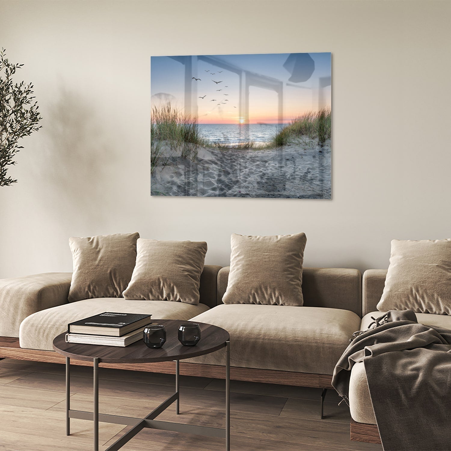 Glasbild mit ruhigem Sonnenuntergang am See