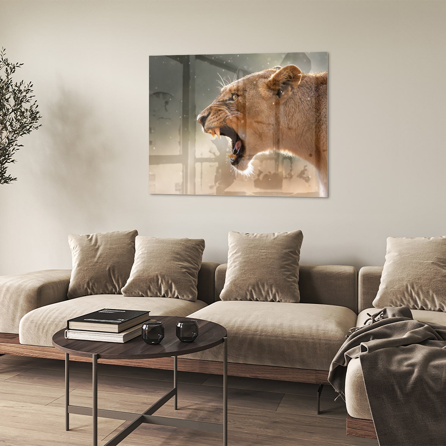 Beeindruckendes Glasbild mit einem brüllenden Löwen