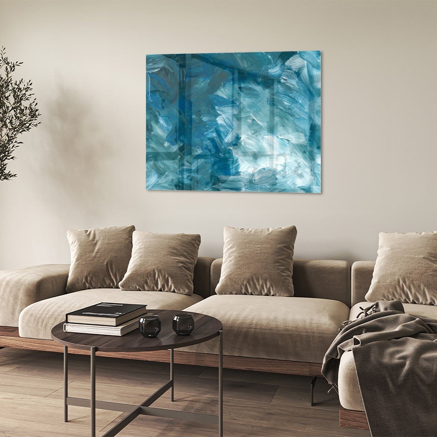 Abstraktes Glasbild in harmonischen Blautönen