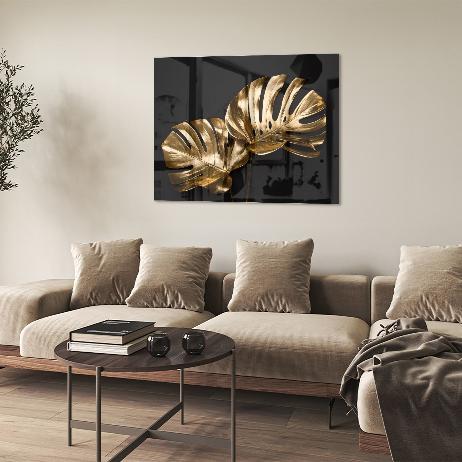 Goldenes Monstera-Glasbild für Wanddekoration