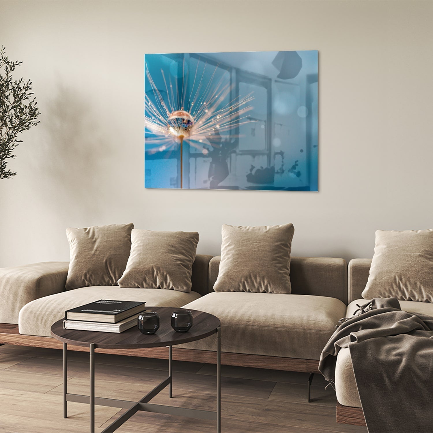 Elegantes Glasbild mit Löwenzahn-Design