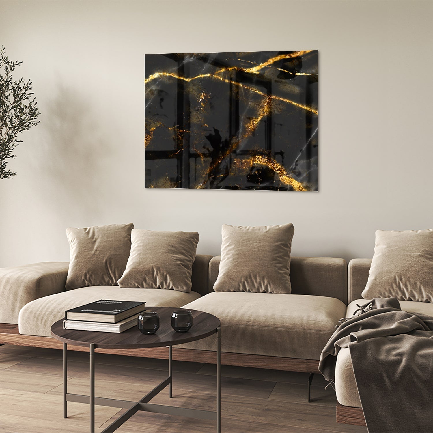 Glasbild mit schwarzem und goldenem Marmordesign