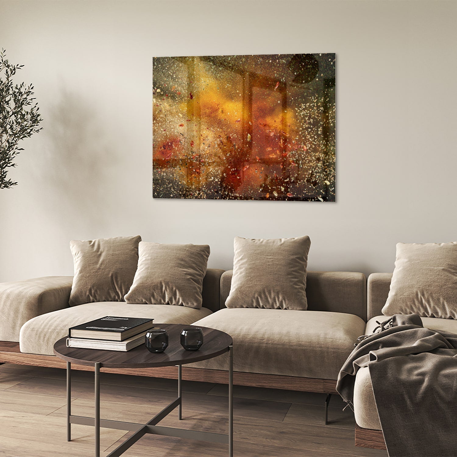 Abstraktes Glasbild mit warmen Farben