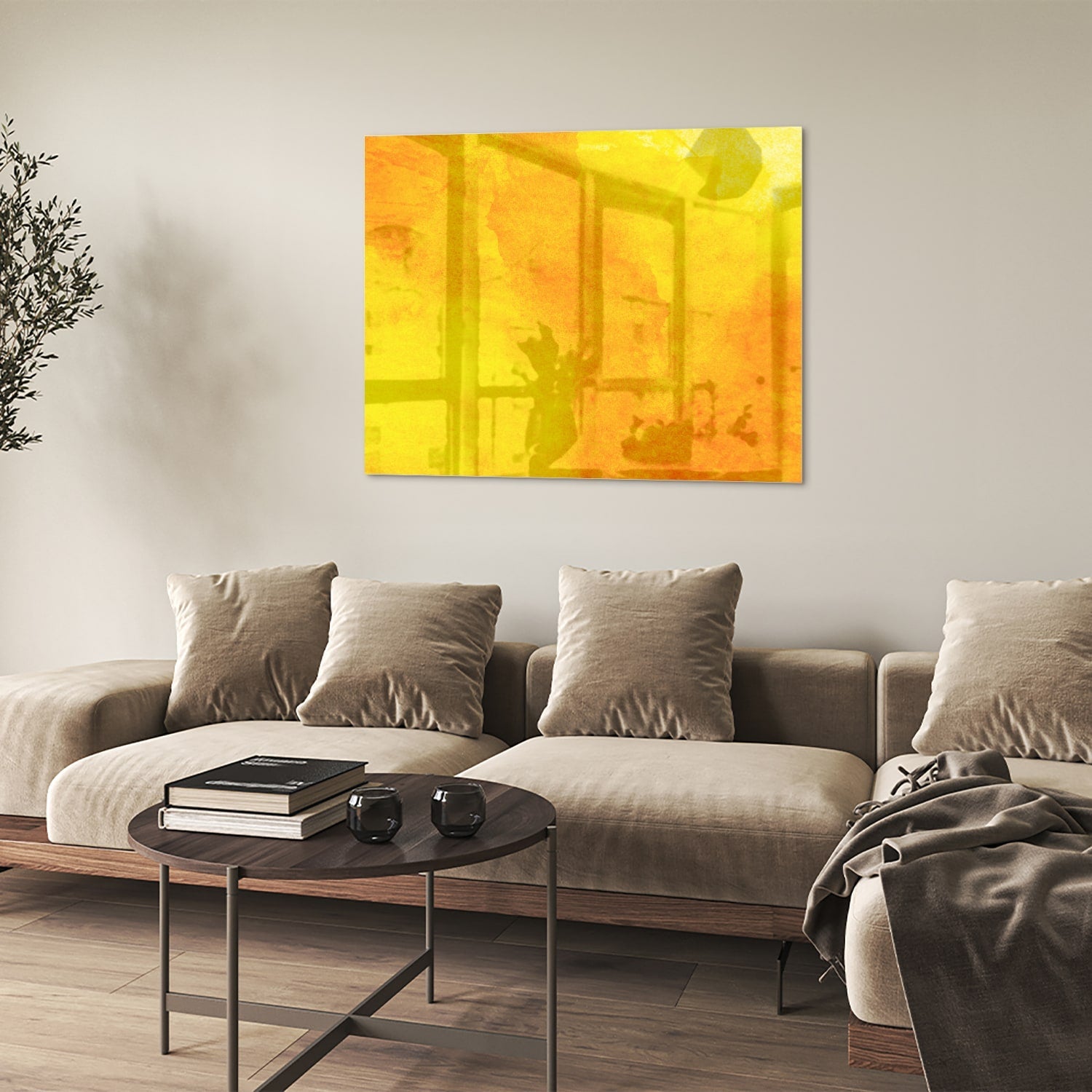 Leuchtend gelbes Glasbild für ein geradliniges Interieur