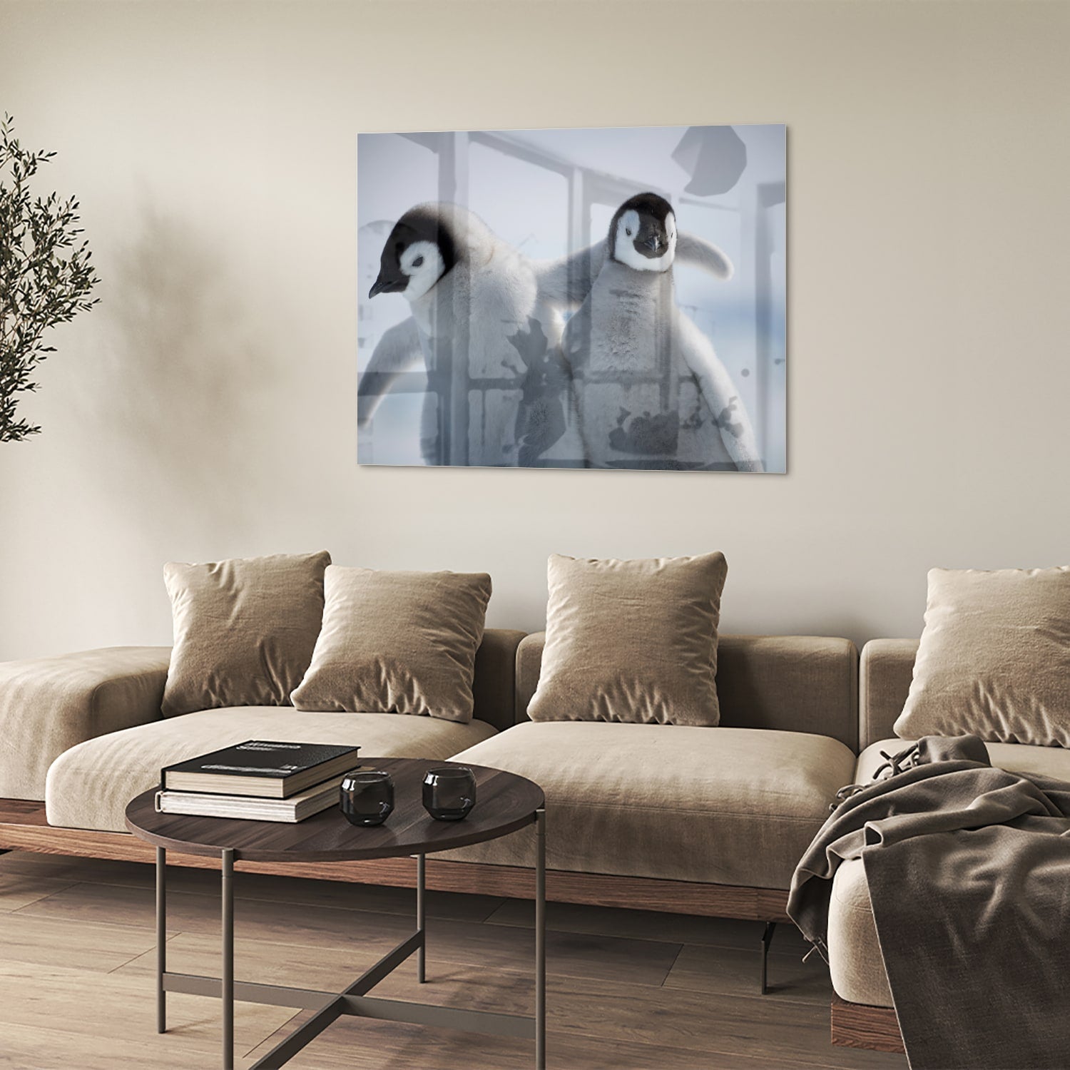 Glasbild mit zwei Pinguinen in winterlicher Atmosphäre