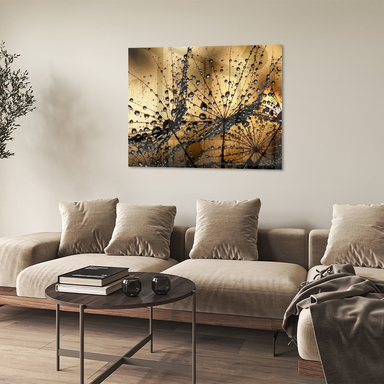 Glasbild mit goldenen Wassertropfen