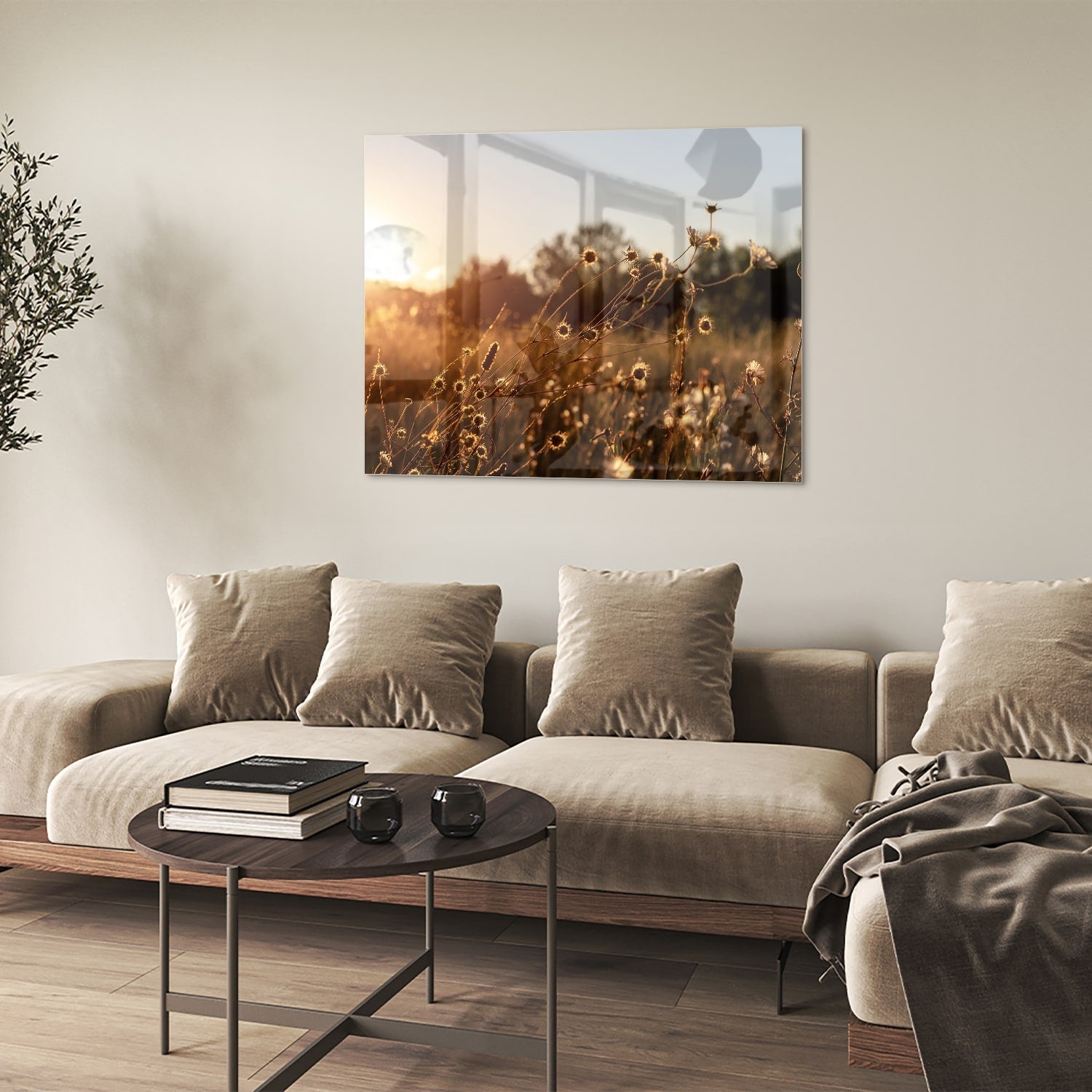 Zauberhaftes Glasbild mit goldenem Sonnenuntergang