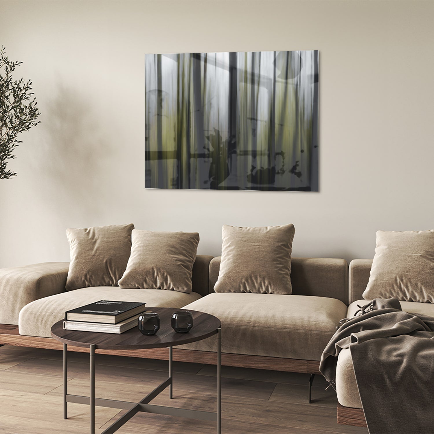 Glasbild mit grünem Bambus in einem modernen Wohnzimmer