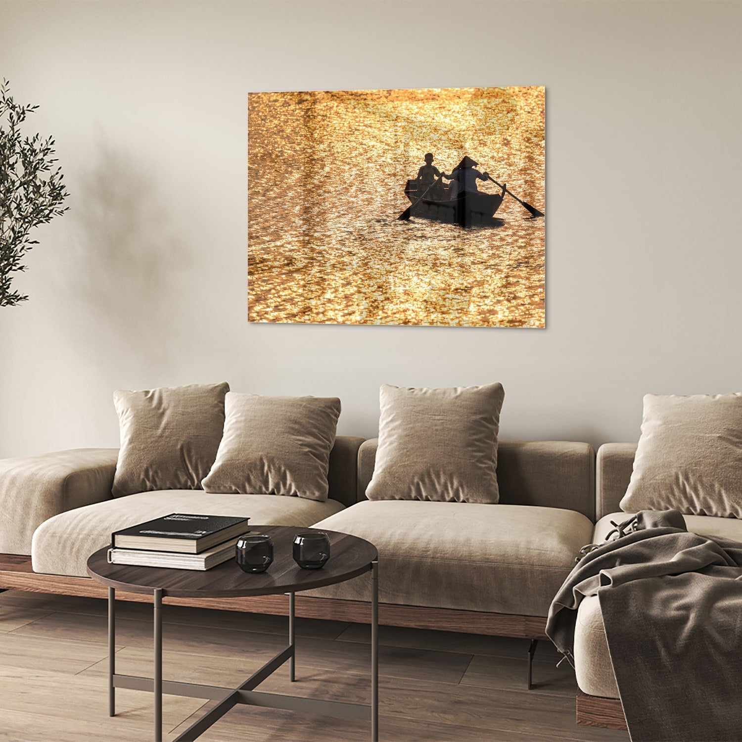 Glasbild mit Ruderboot auf goldenem Wasser