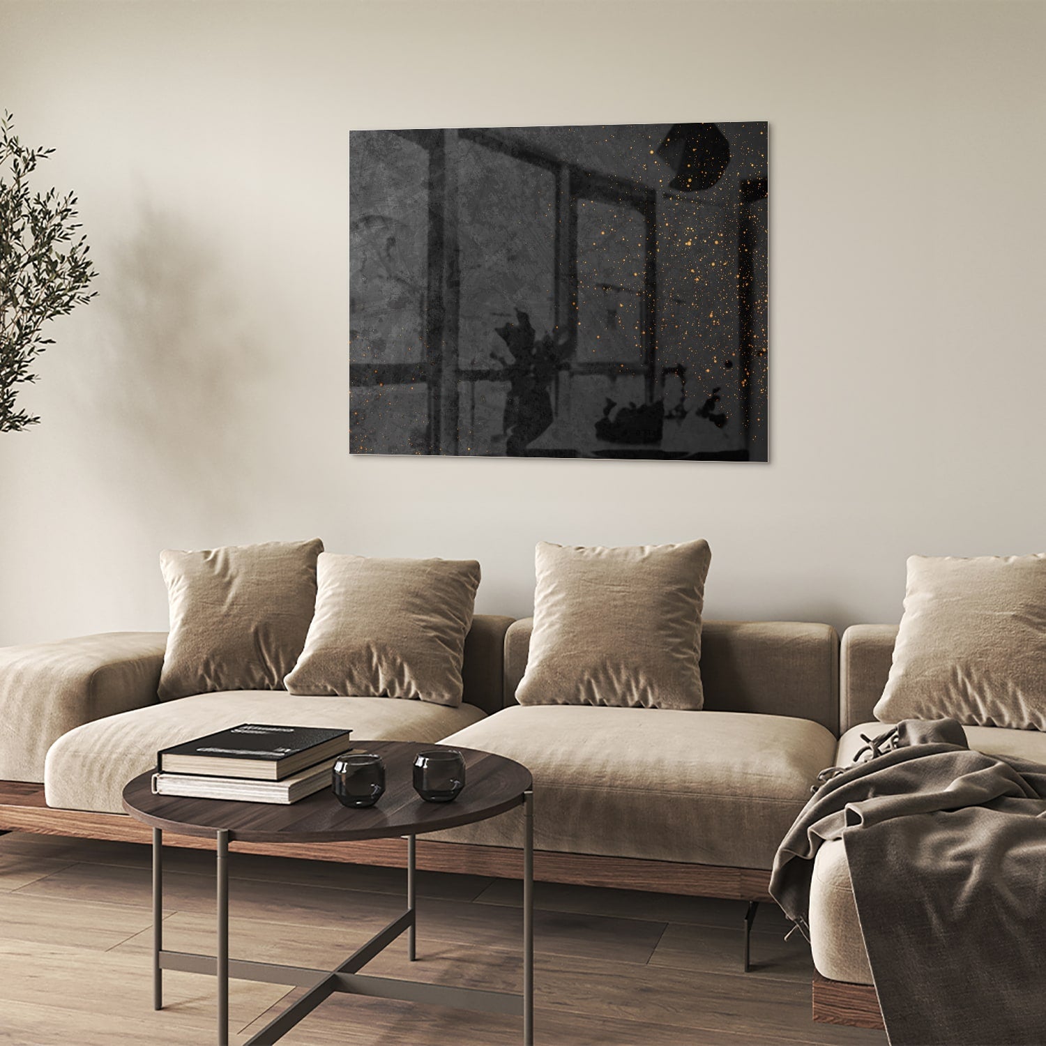 Modernes Glasbild mit dunklem Design und goldenen Akzenten
