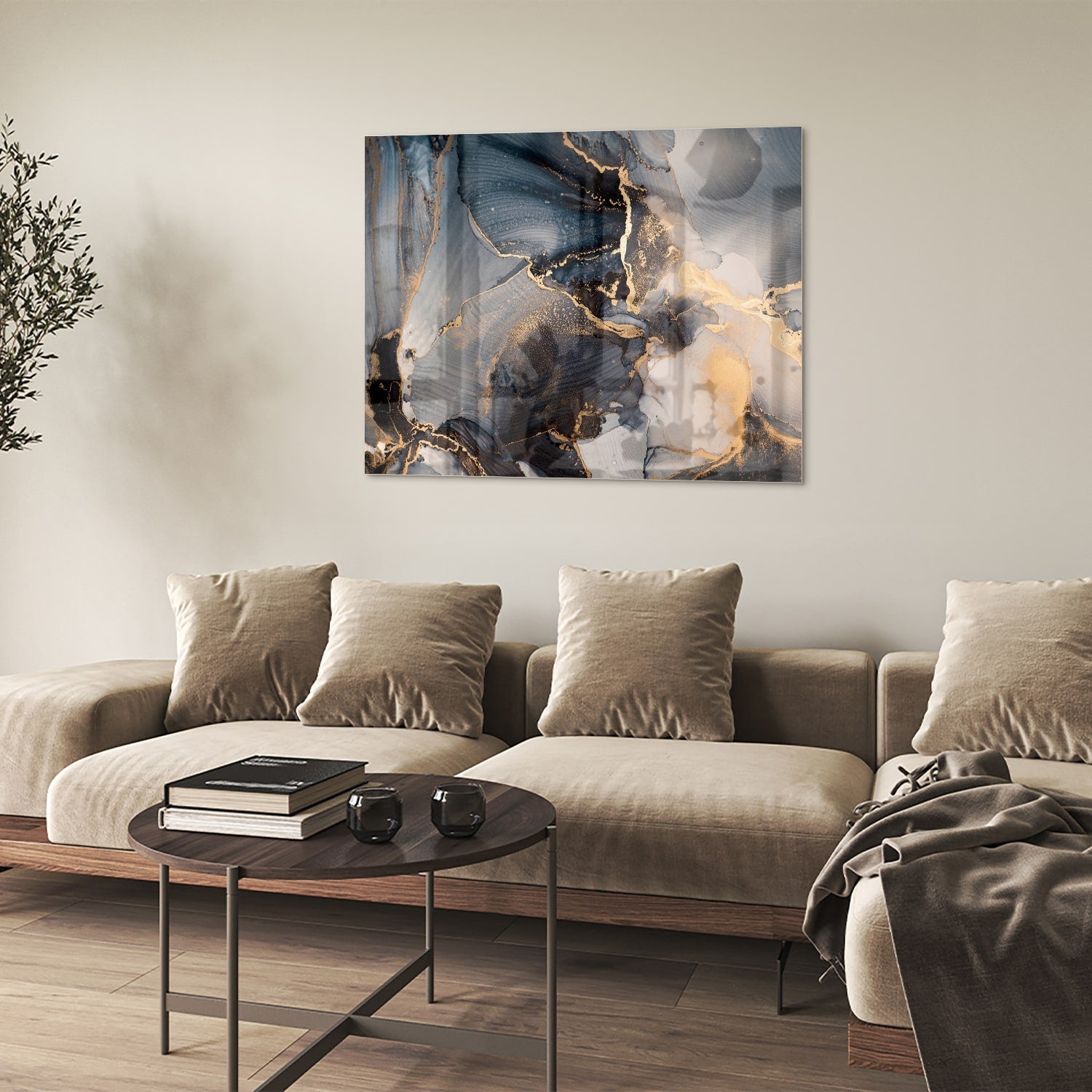 Elegantes Glasbild mit Blau und Gold
