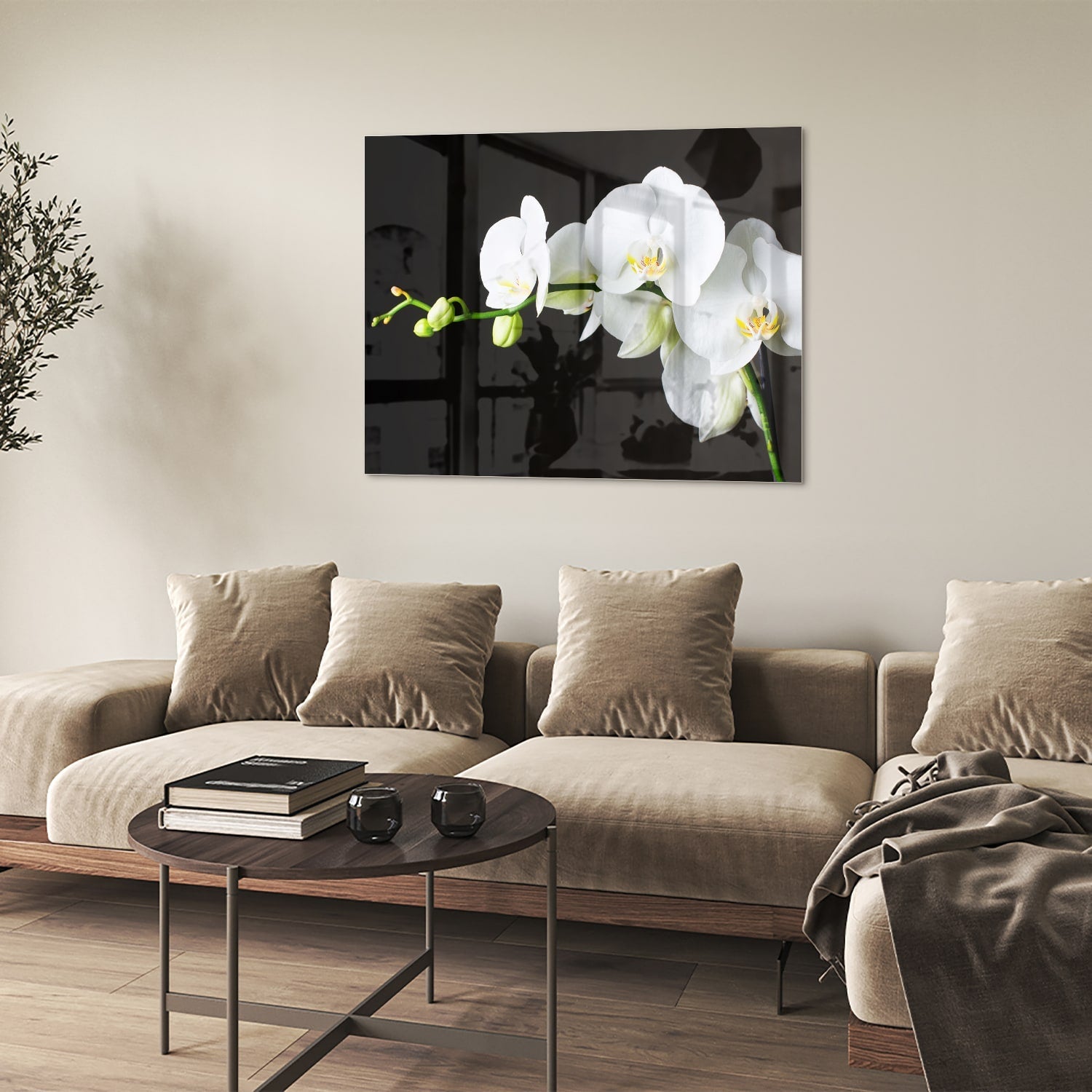 Elegantes Glasbild mit weißen Orchideen